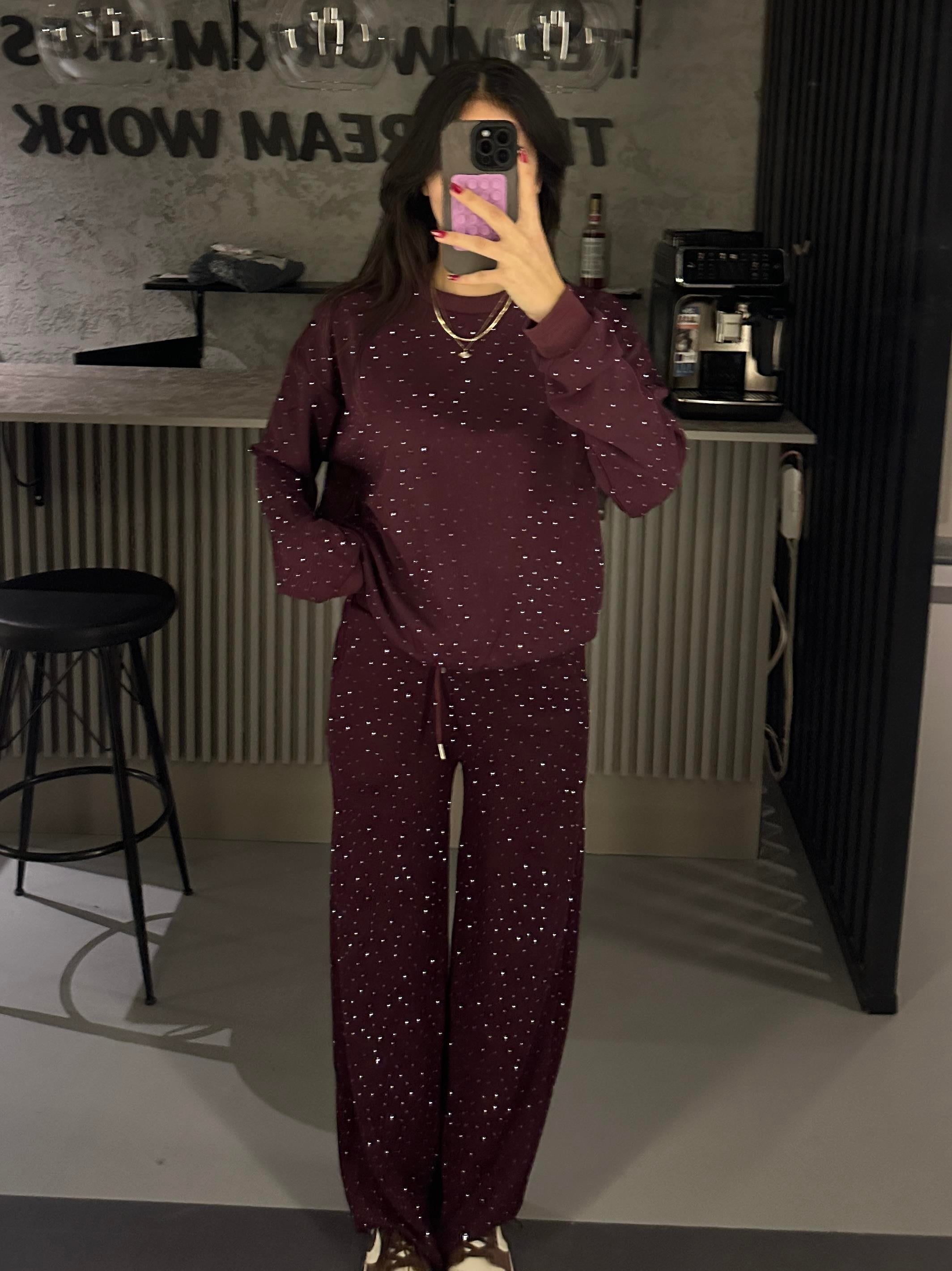 FULL TAŞLI BORDO MODAL KUMAŞ SWEAT TAKIM 