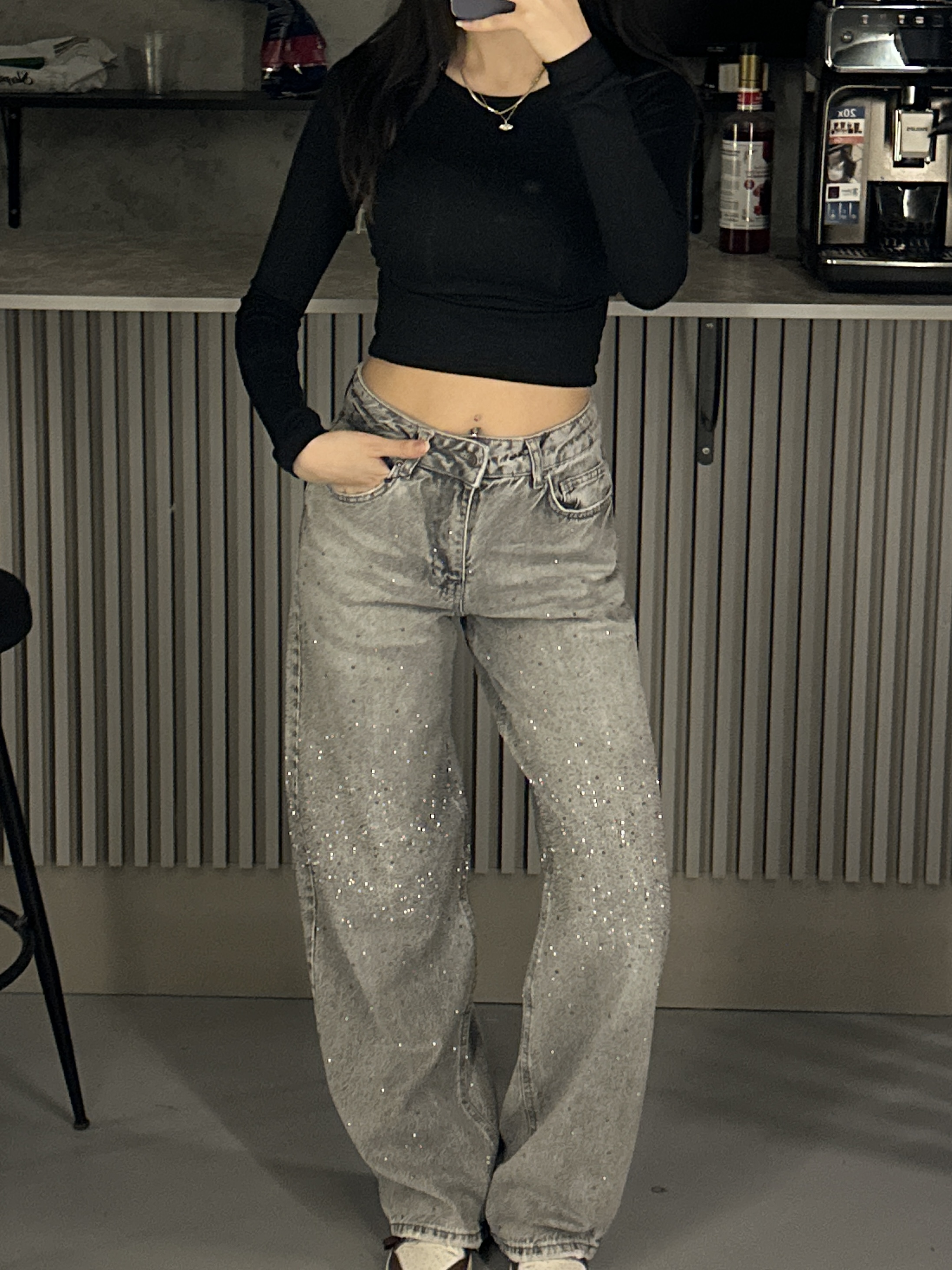 FULL TAŞLI DİZ YOĞUNLUKLU GRİ WIDE LEG JEAN