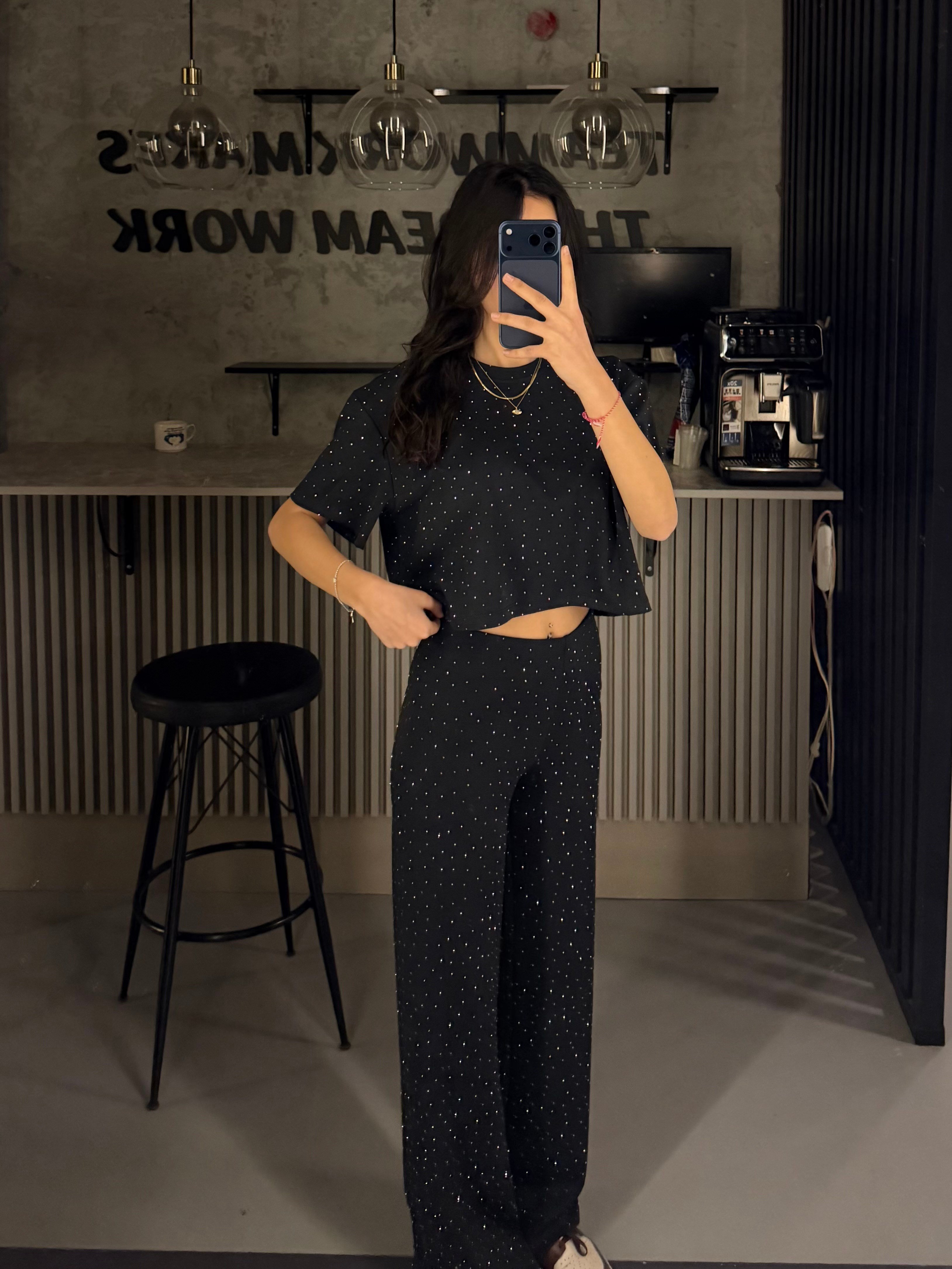 FULL TAŞLI SİYAH KISA KOL MODAL TAKIM