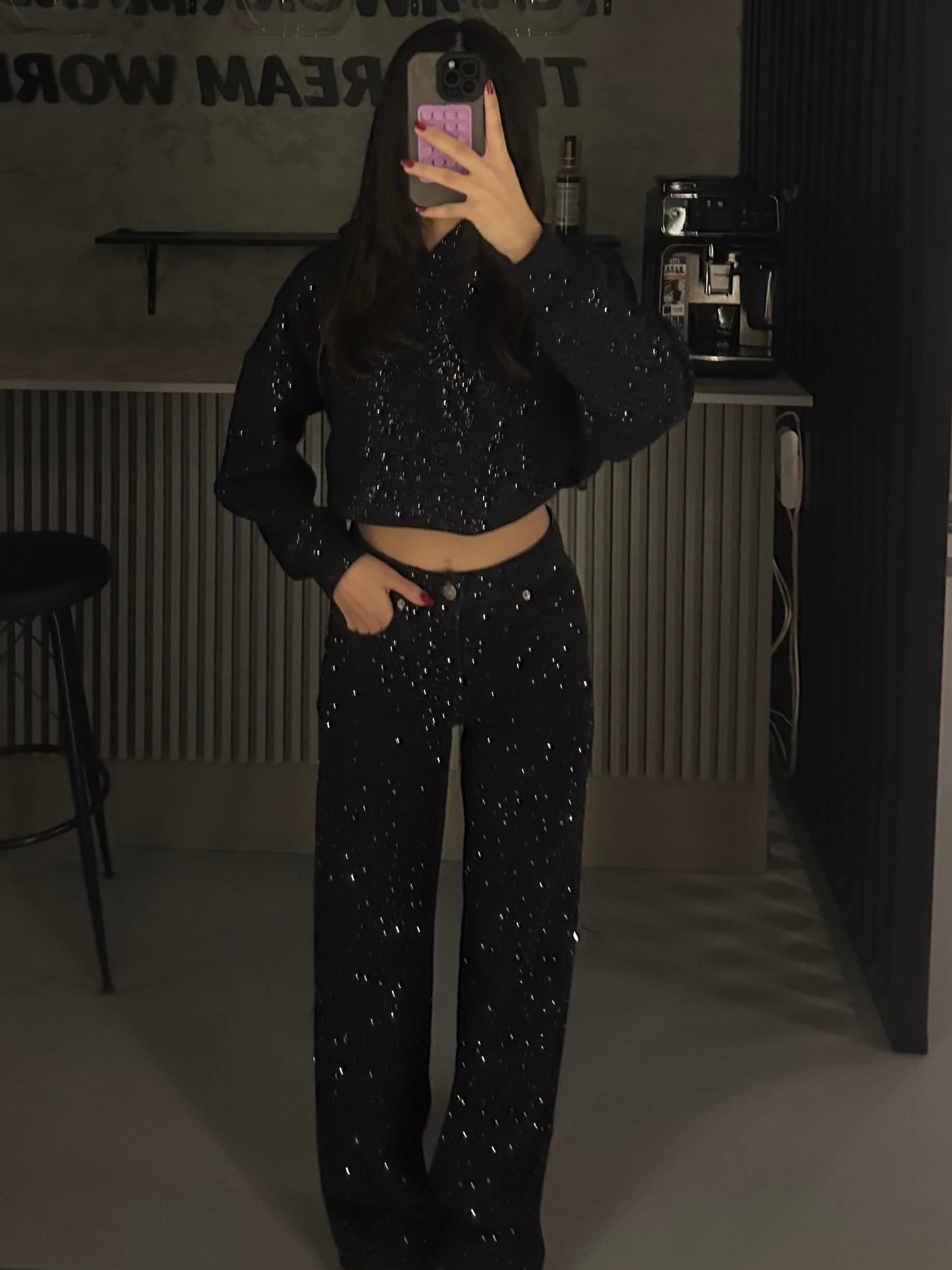 FULL TAŞLI SİYAH WIDE LEG JEAN