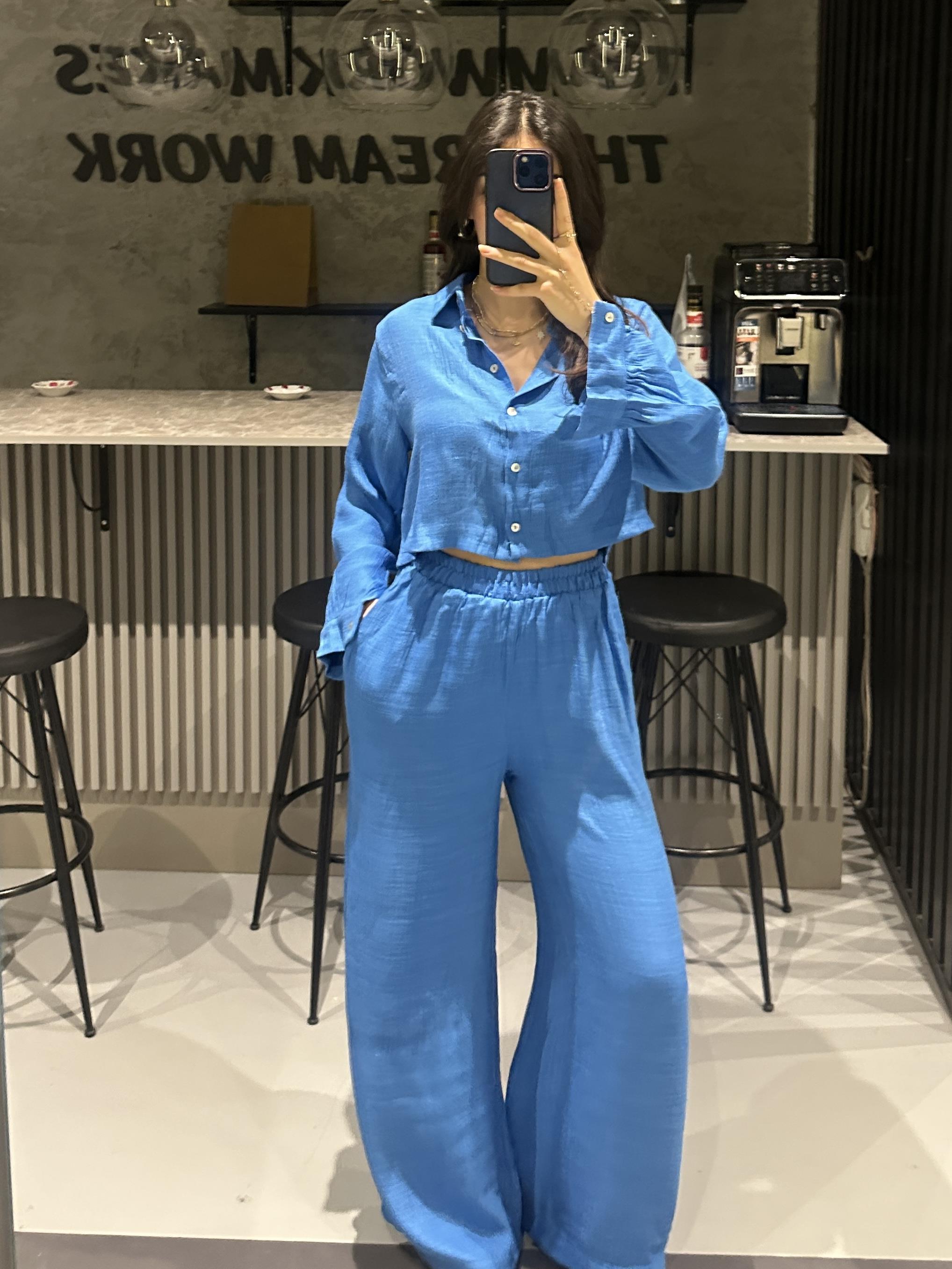 İNDİGO MAVİ GOFRE CROP GÖMLEK PANTOLON TAKIM