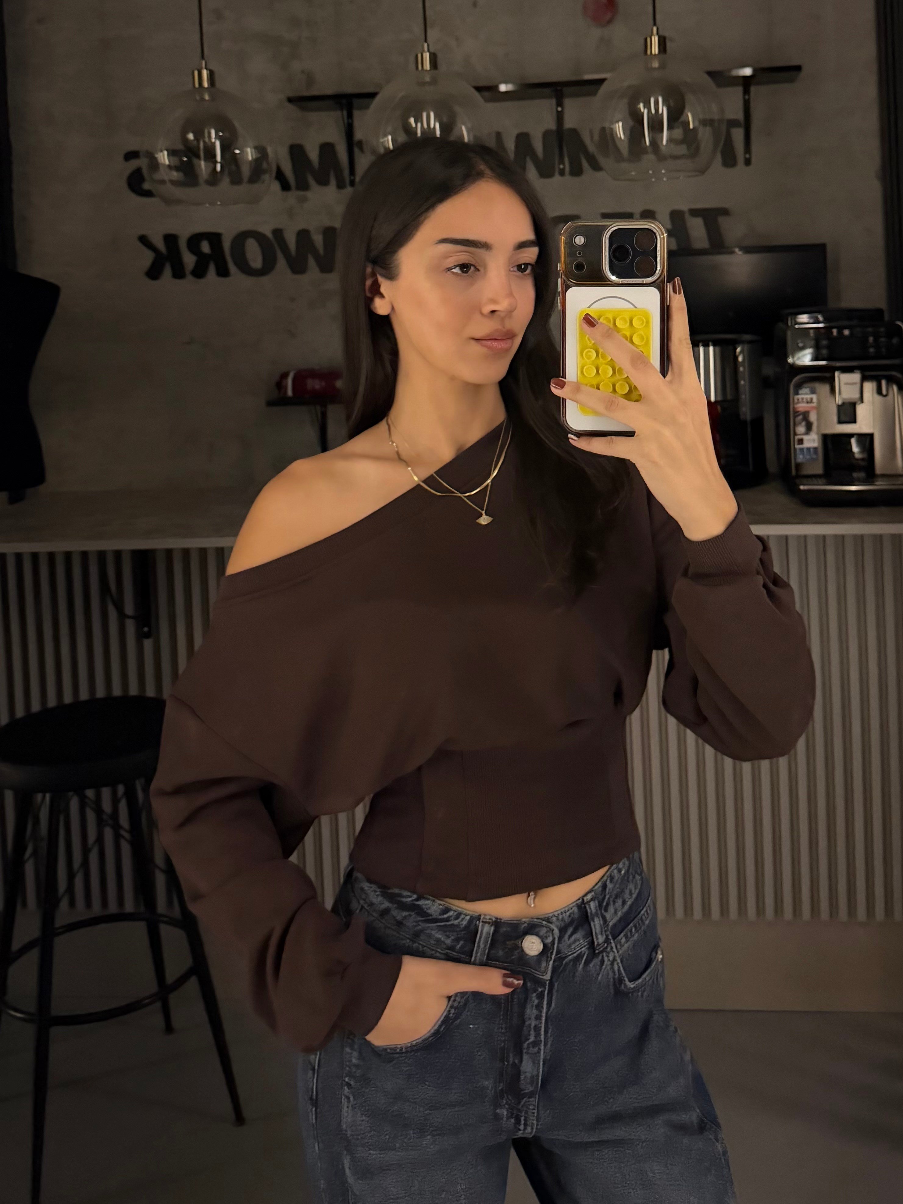 KAHVE DÜŞÜK OMUZ KORSE SWEAT