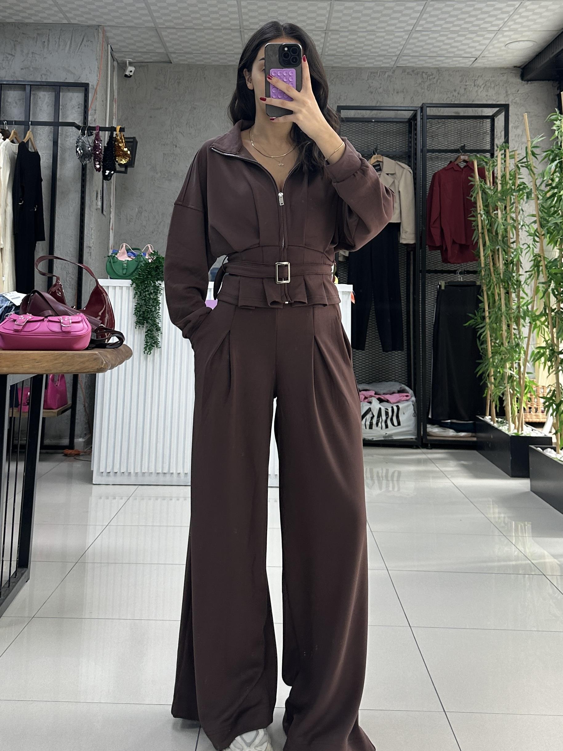 KAHVE MODAL KUMAŞ KEMERLİ TAKIM