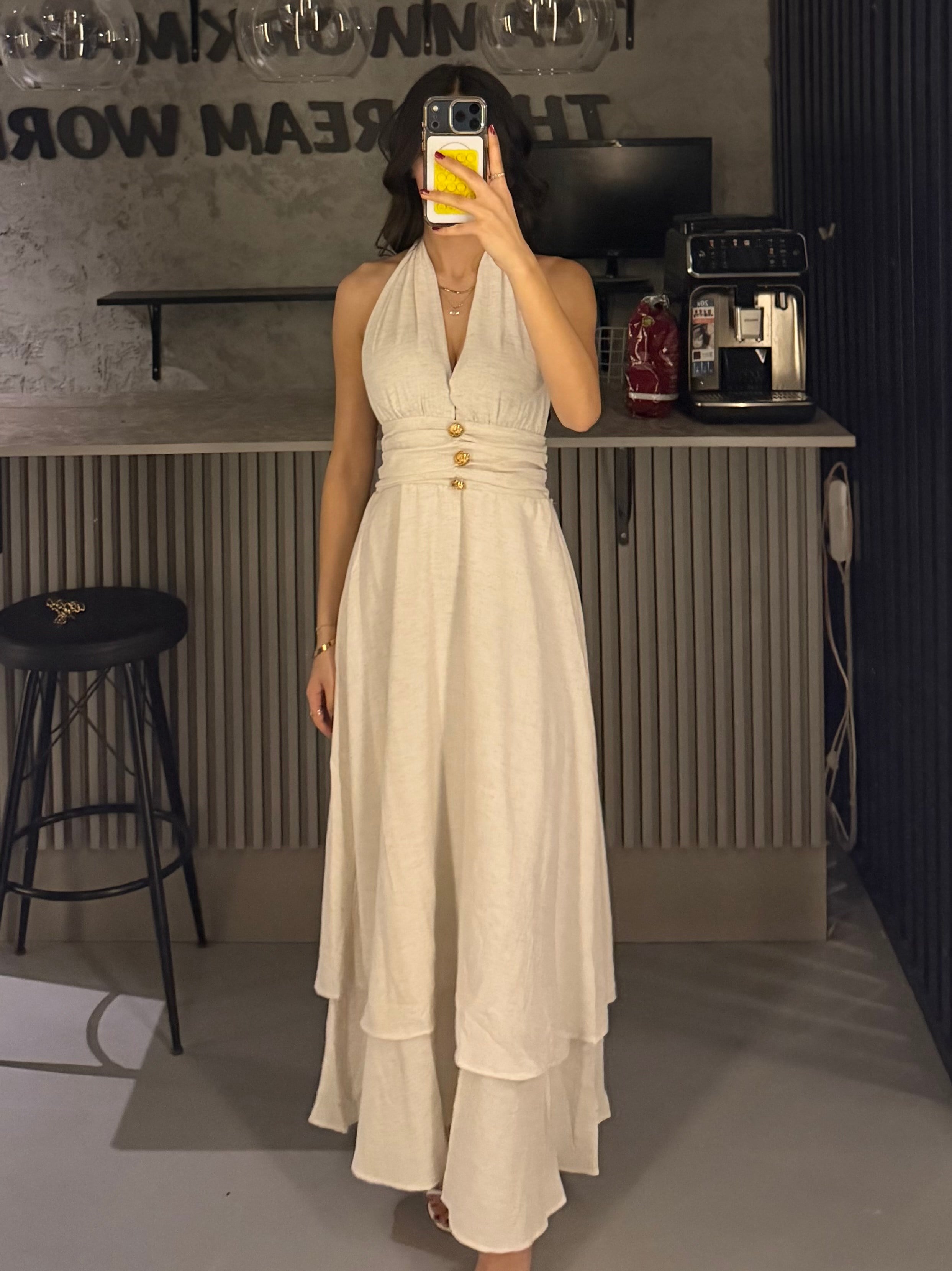 KETEN GOLD DÜĞMELİ ELBİSE