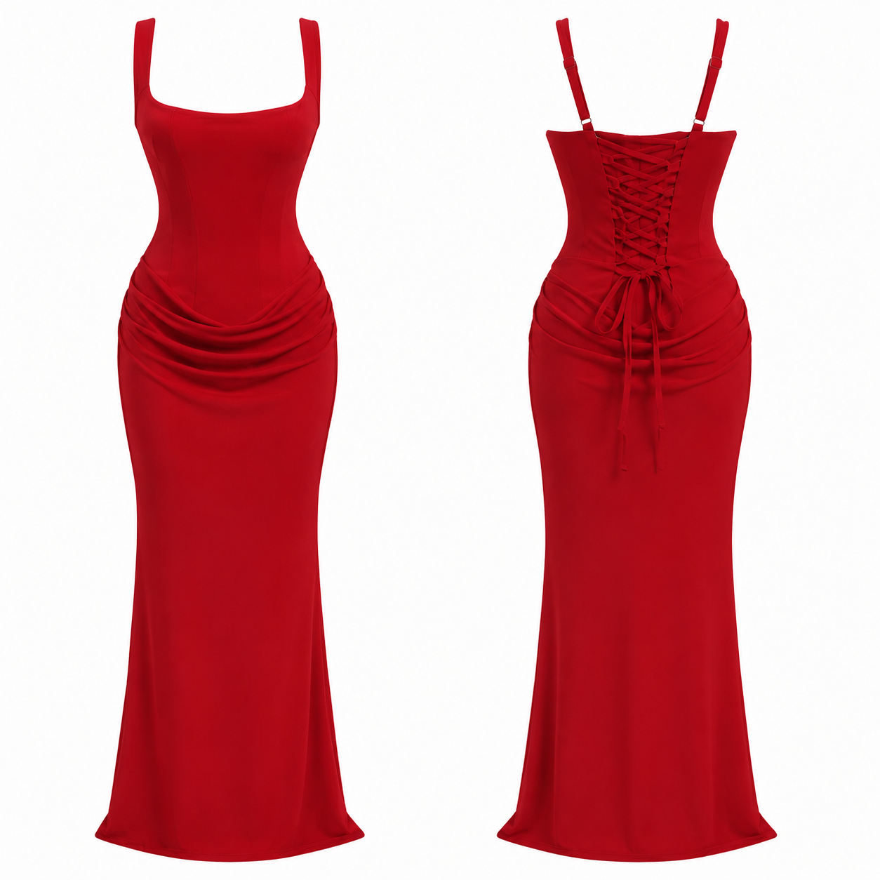 KIRMIZI BALEN DETAYLI MAXİ BOY ELBİSE 