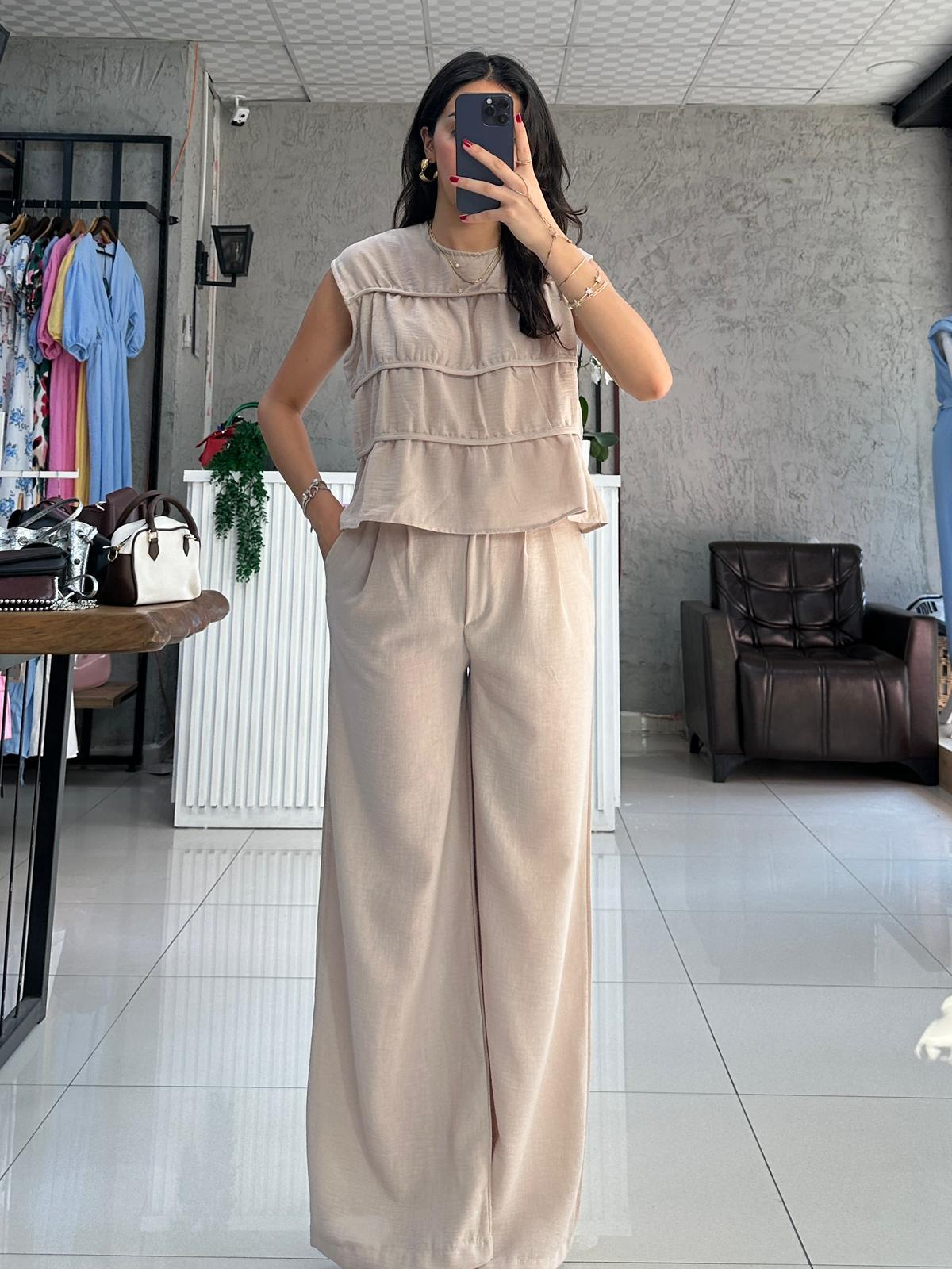 KREM BİYELİ KETEN PANTOLON  TAKIM