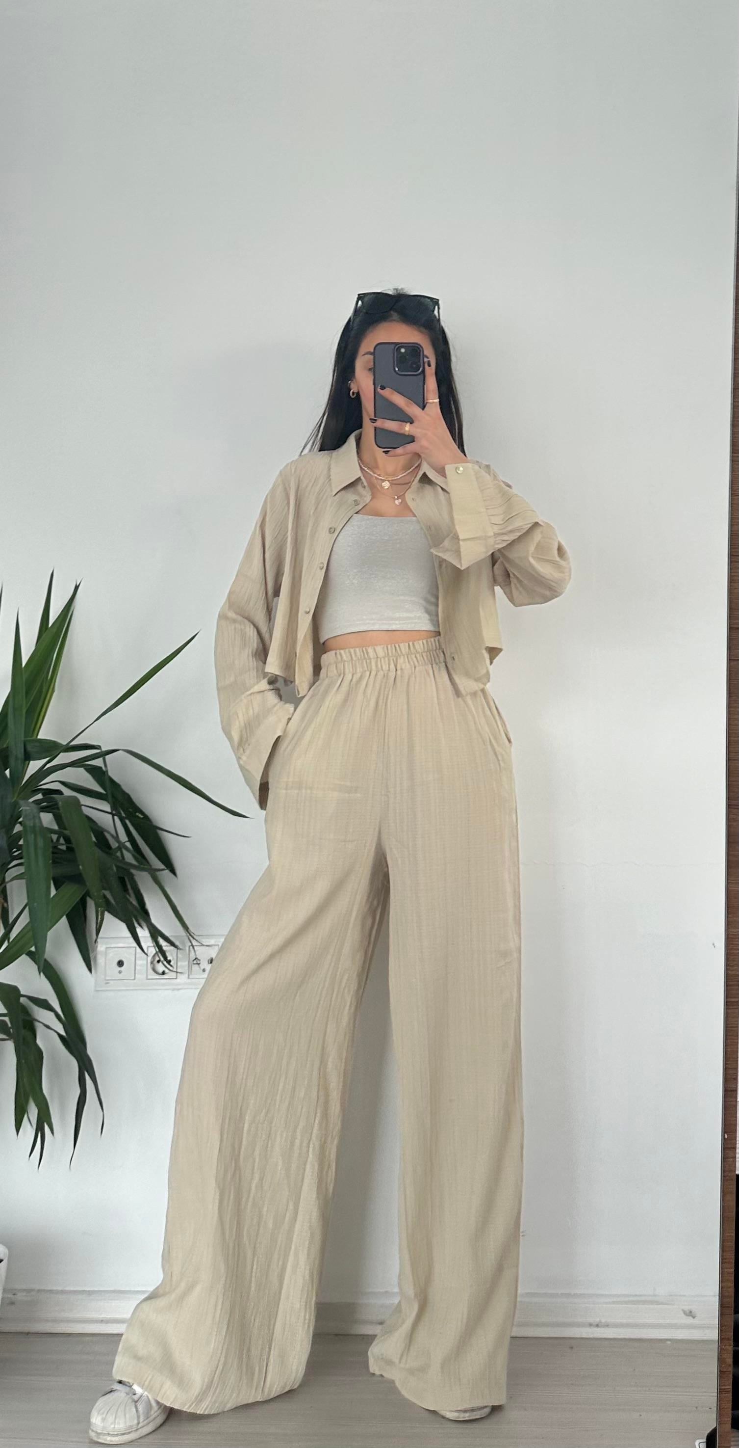 KREM GOFRE CROP GÖMLEK PANTOLON TAKIM