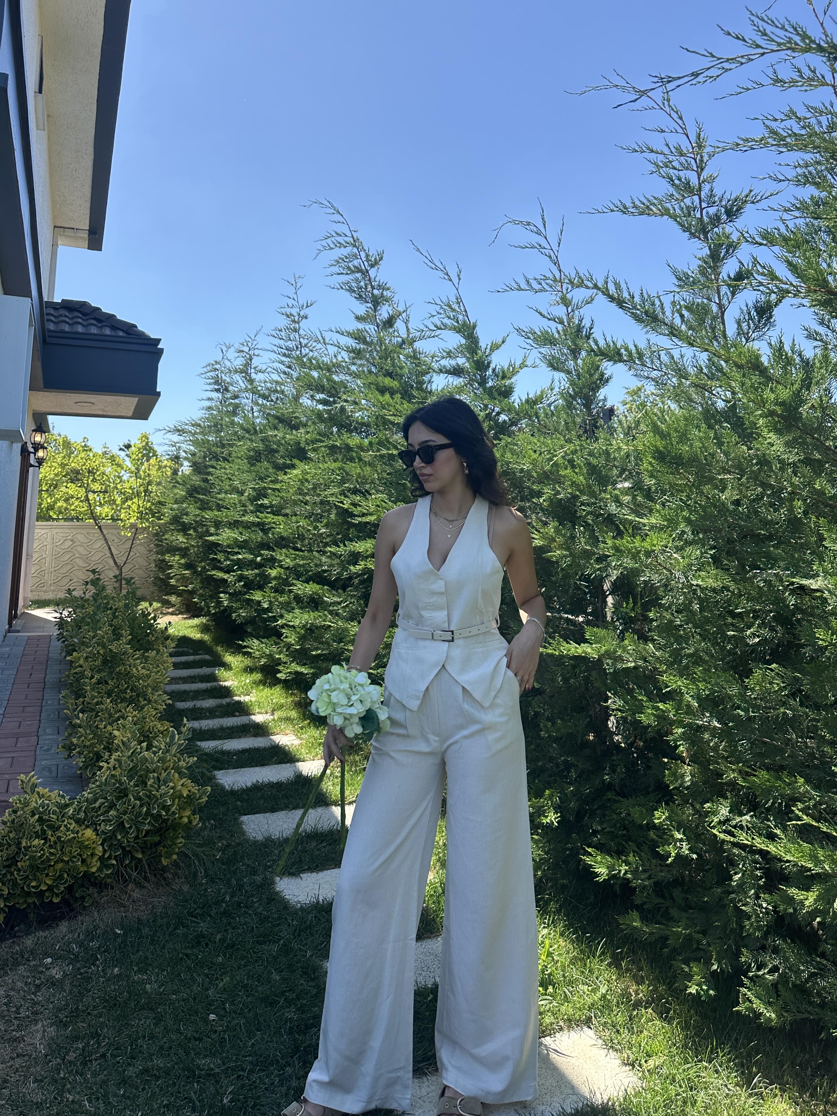 KREM KETEN KEMERLİ PANTOLON  TAKIM