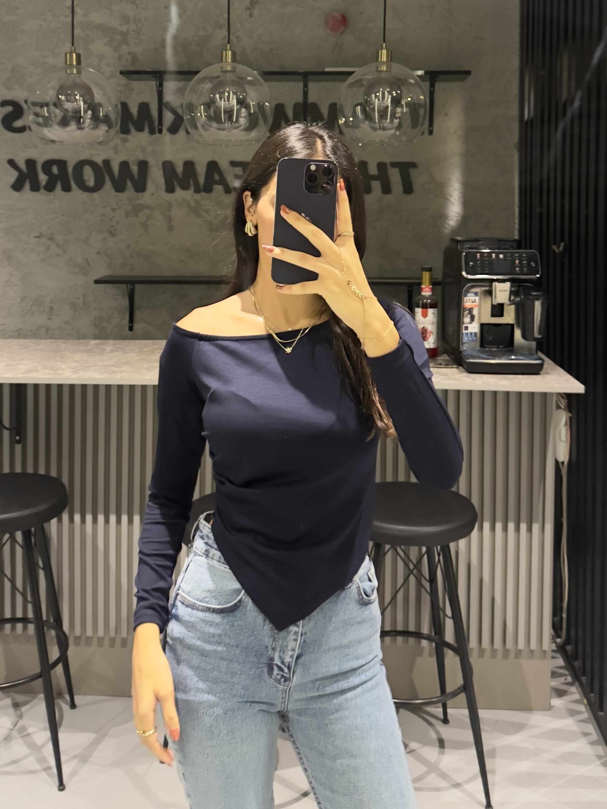 LACİVERT ASİMETRİK UZUN KOLLU BODY