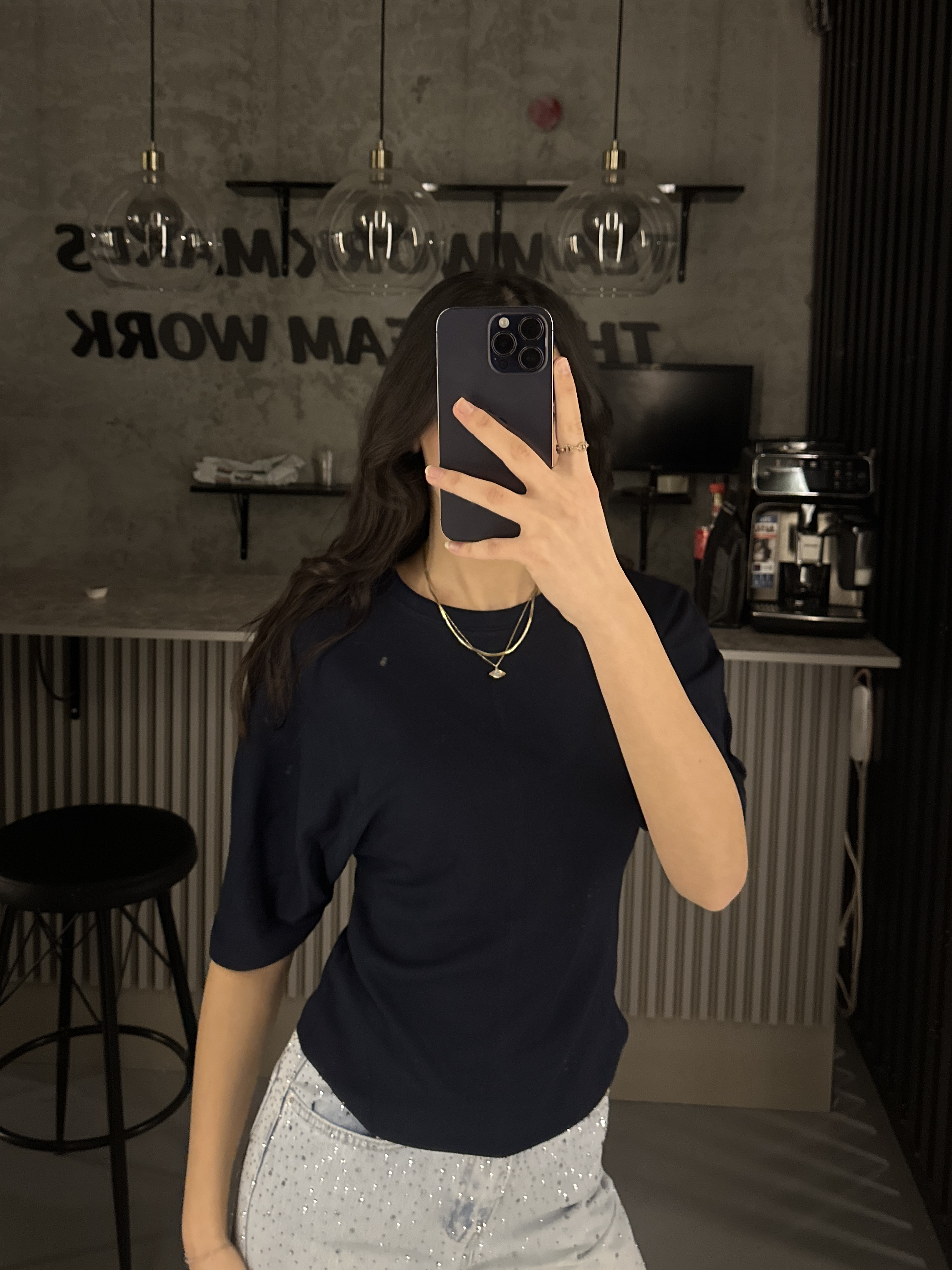 LACİVERT BEL DETAY KISA KOLLU BLUZ