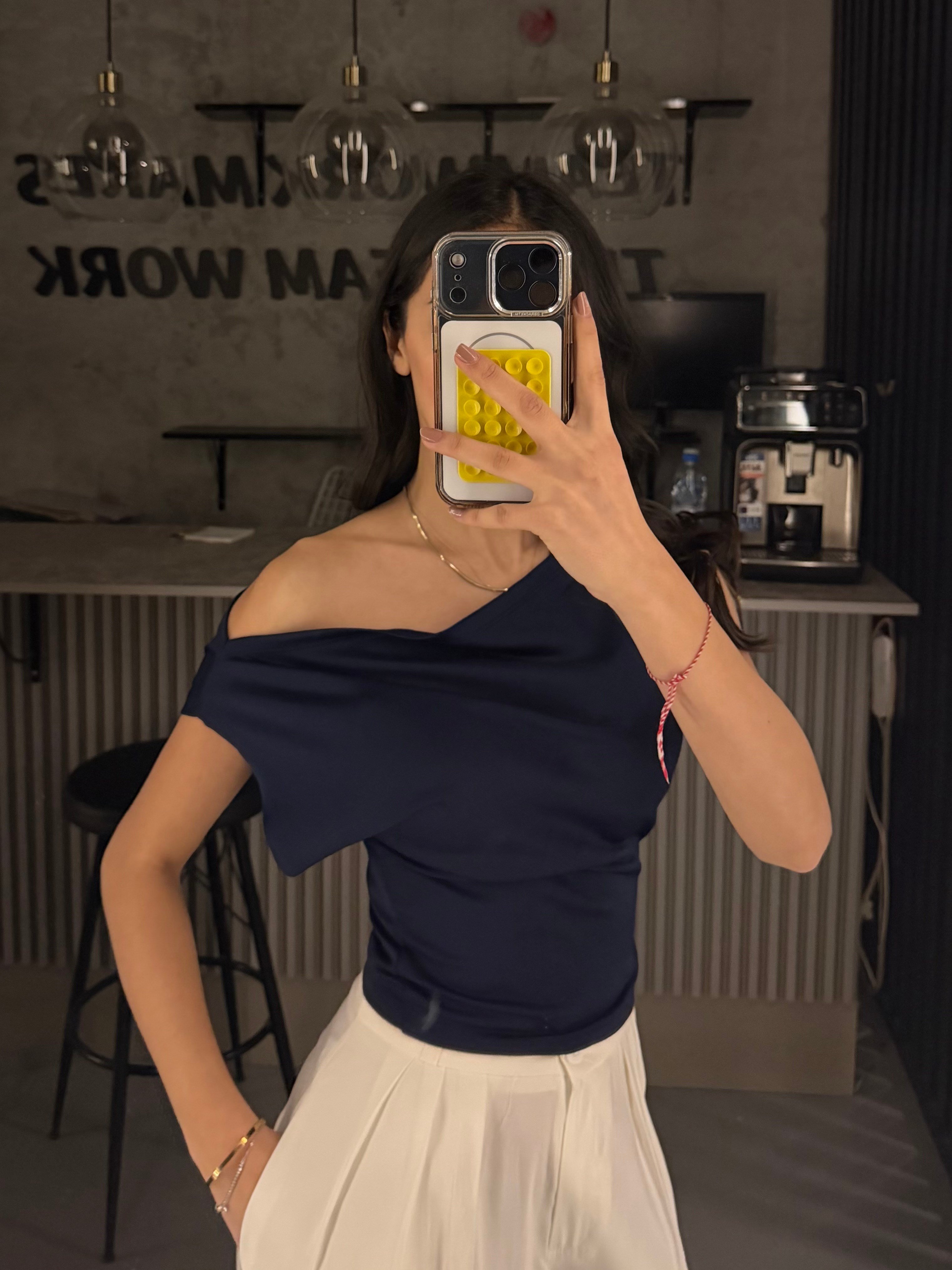 LACİVERT BEL KORSELİ KAYIK YAKA BLUZ
