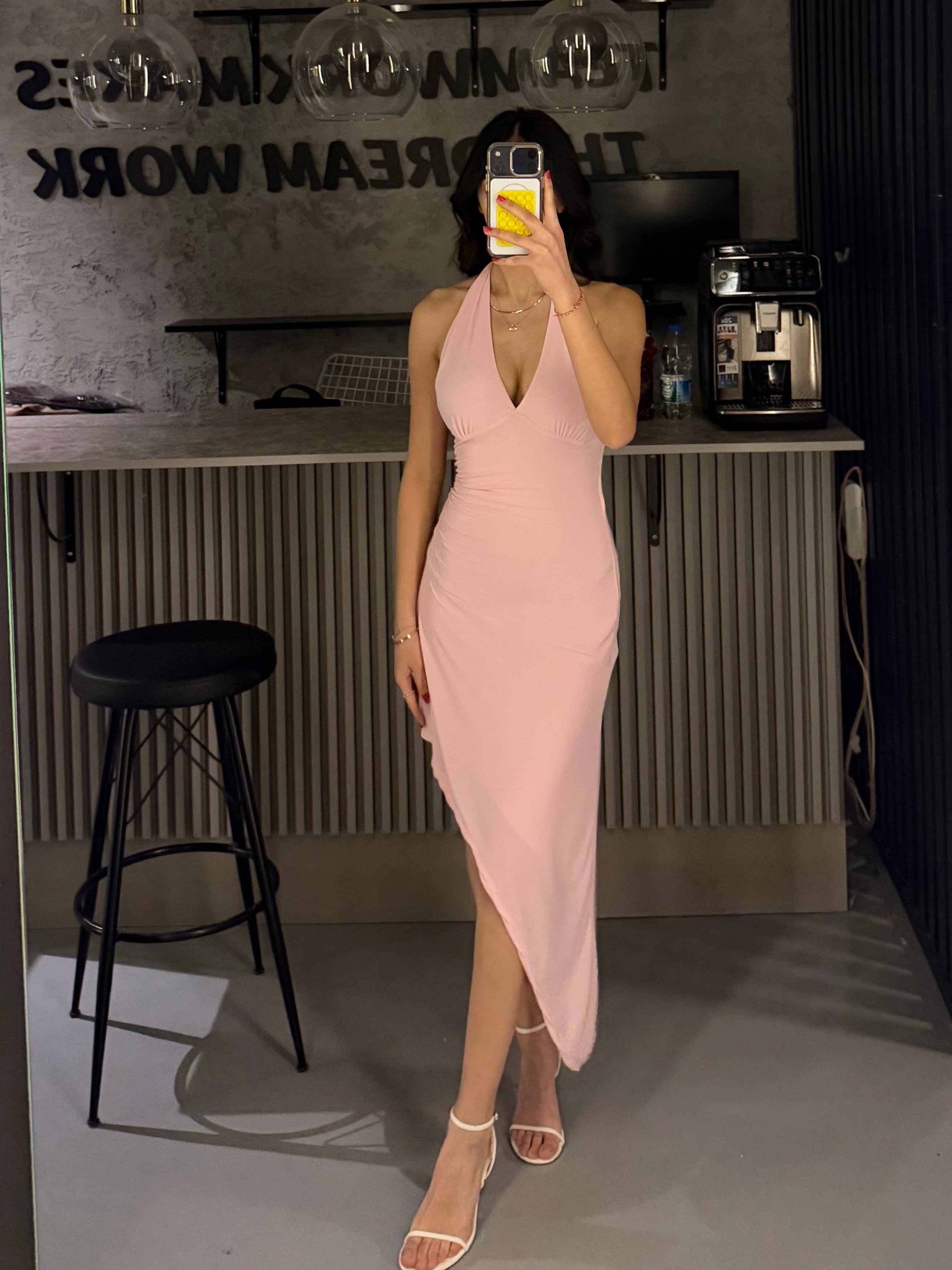PEMBE ASİMETRİK BAĞLAMALI ELBİSE 