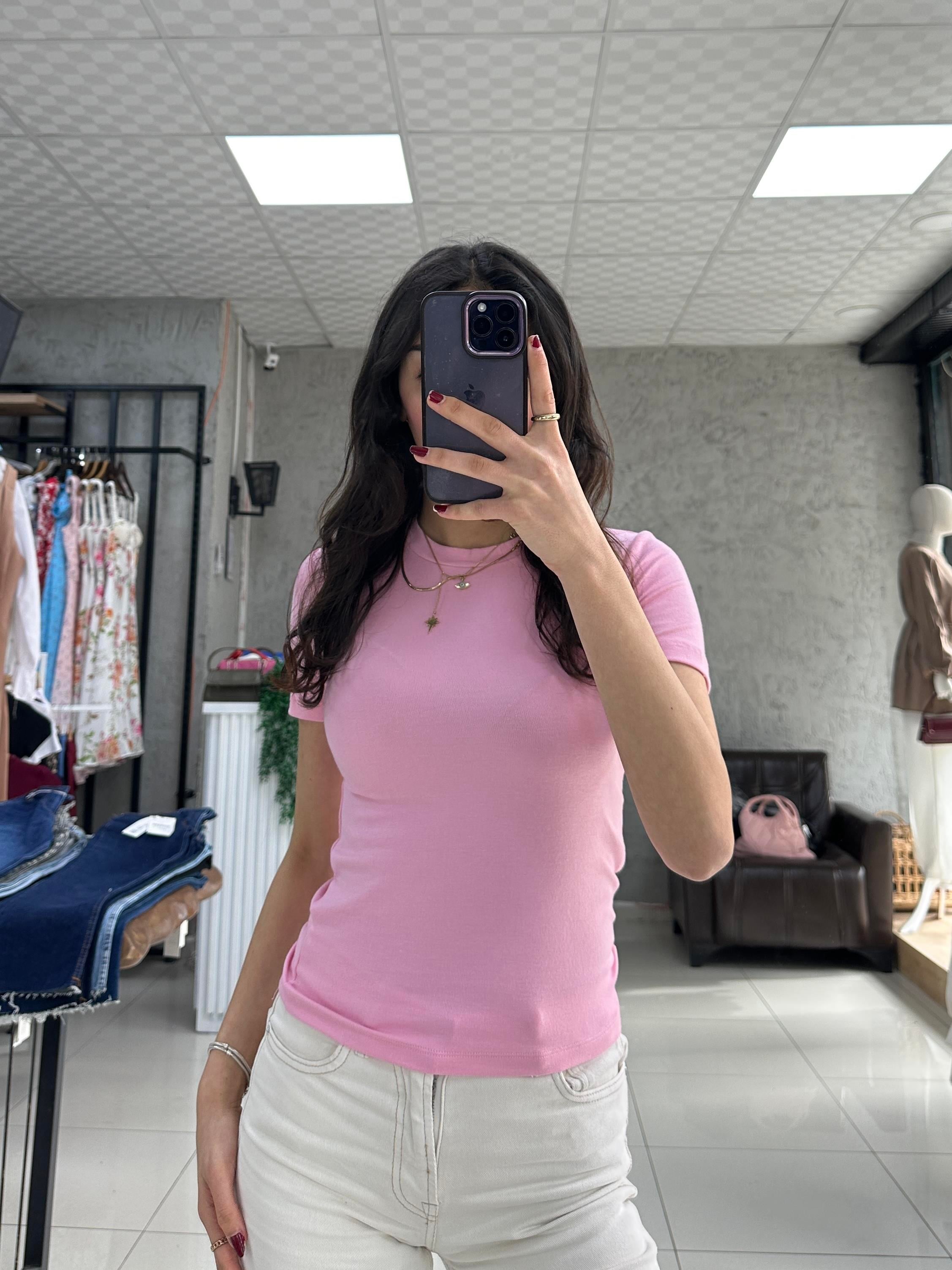 PEMBE BUZZY KUMAŞ KISA KOLLU BODY