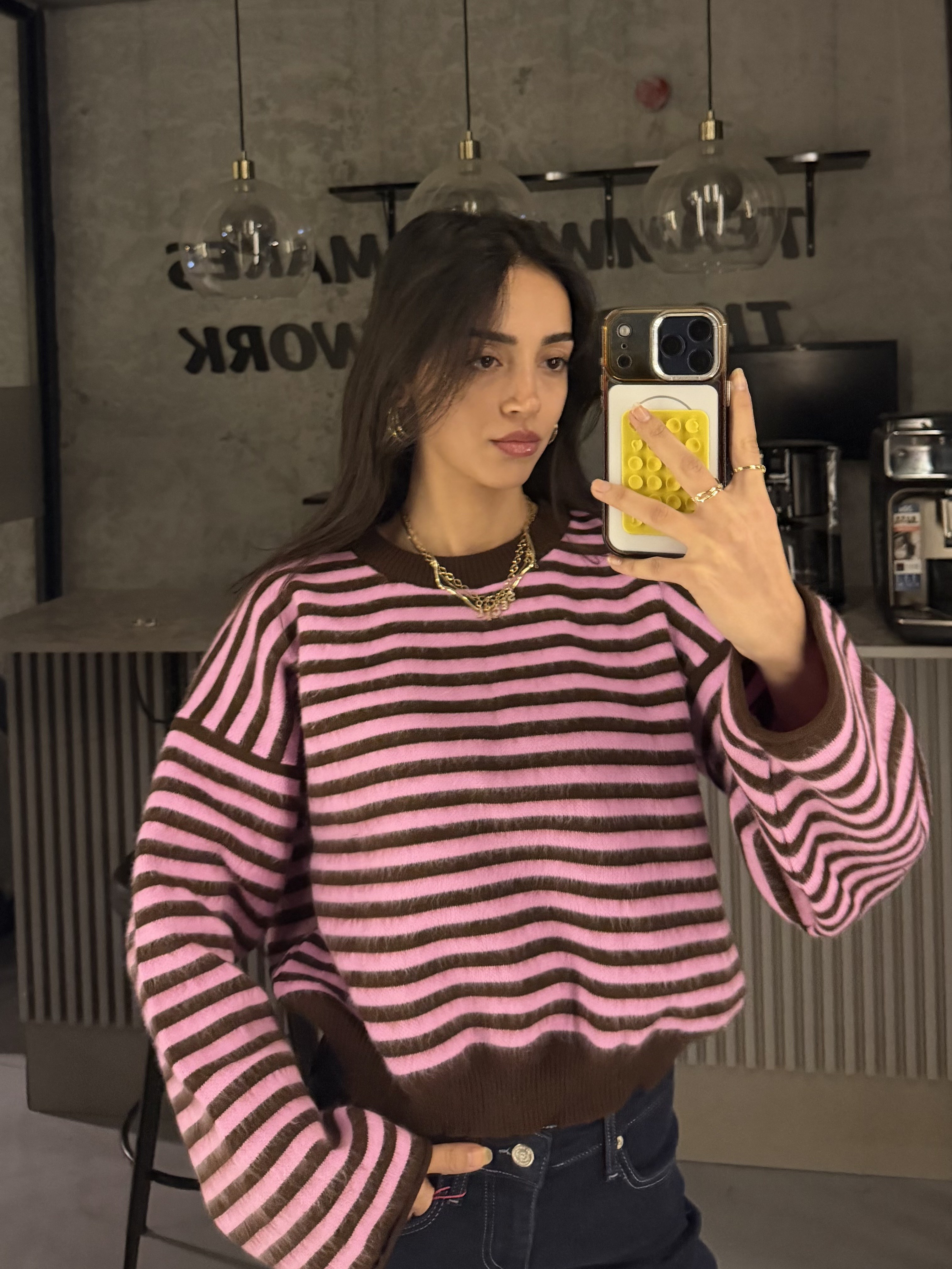 PEMBE KAHVE İNCE ÇİZGİLİ KAZAK