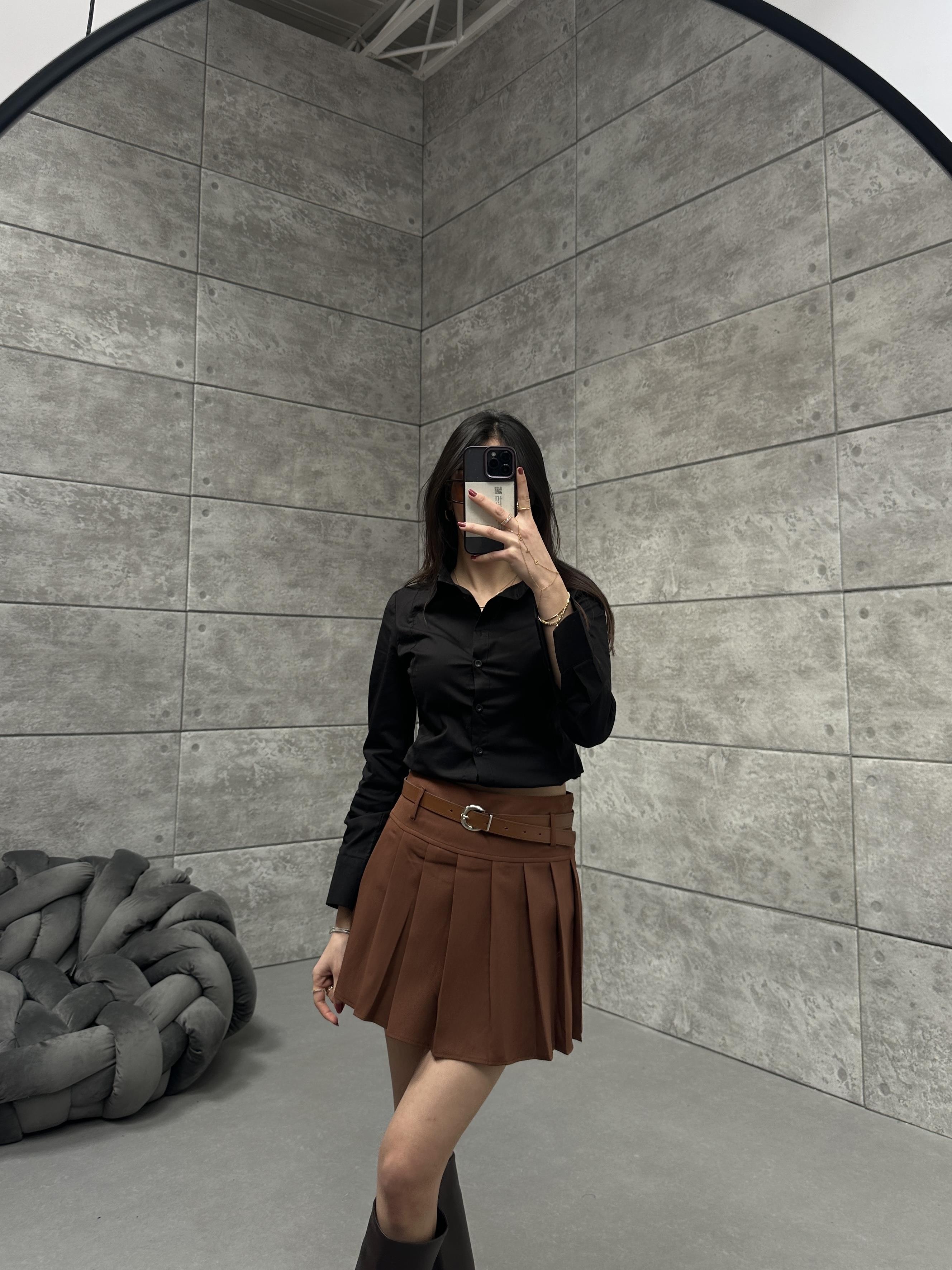 PİLELİ KAHVE KEMERLİ ETEK
