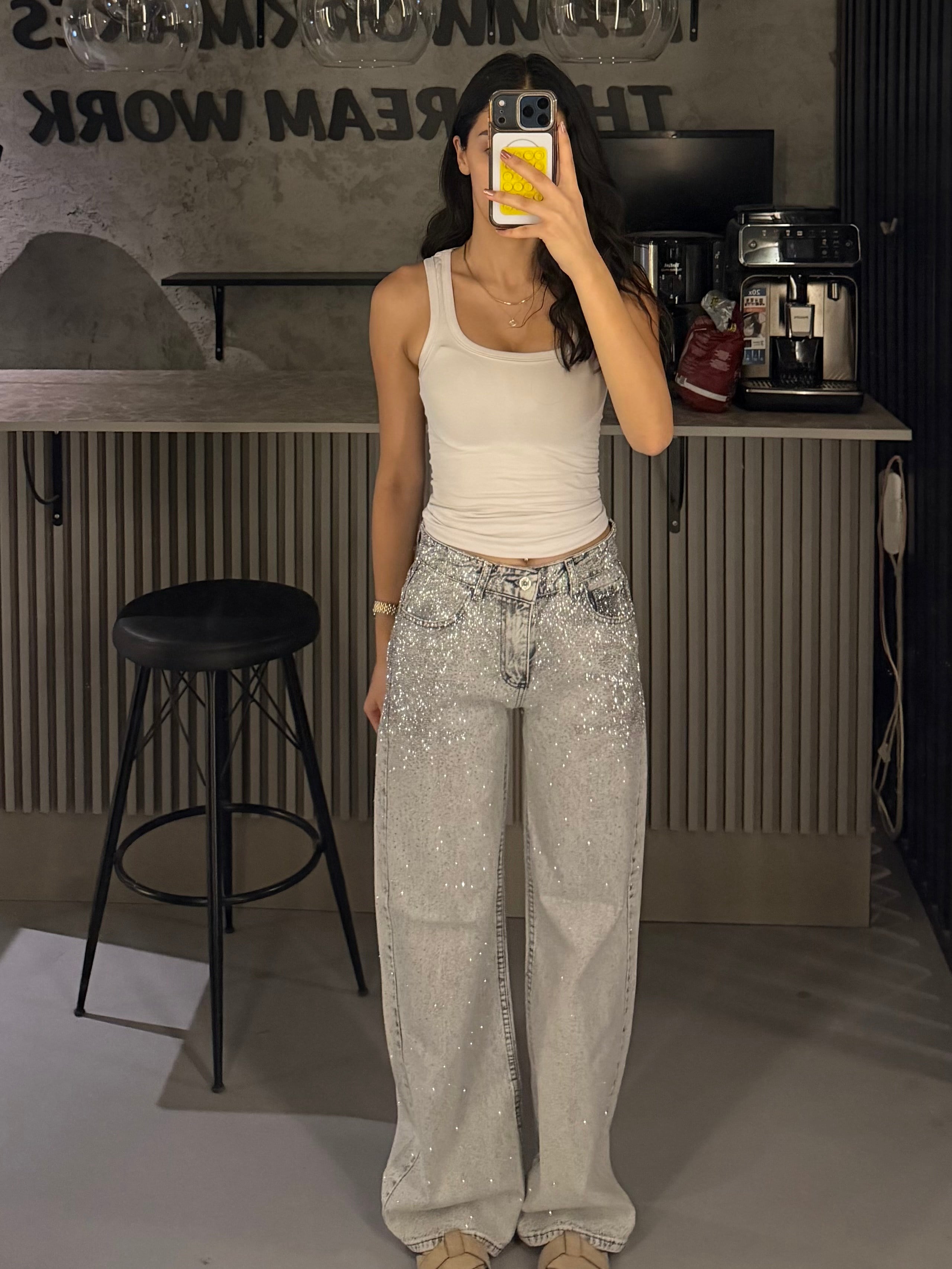 PİNTEREST TAŞLI BUZ RENGİ WIDE LEG JEAN