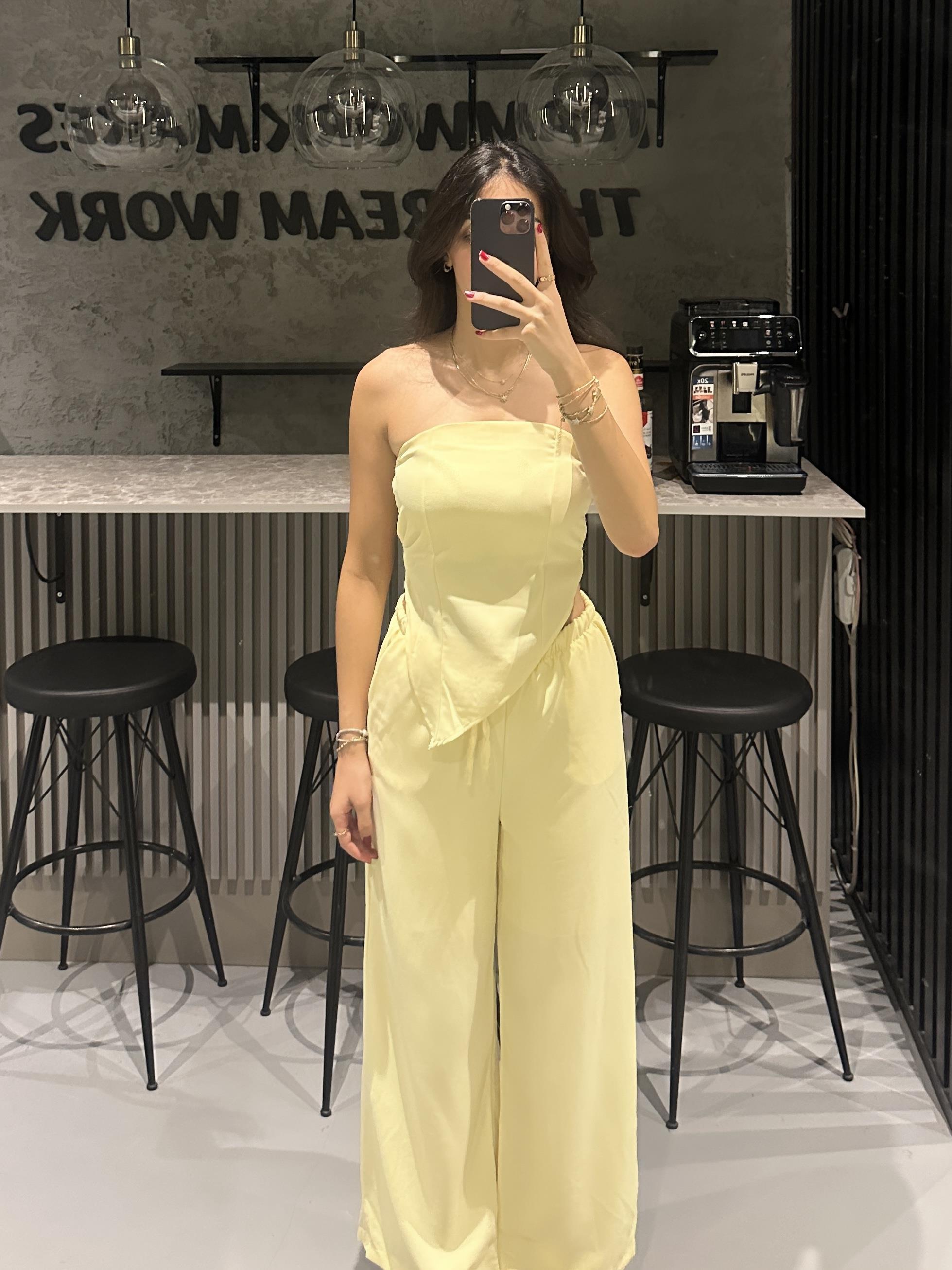 SARI STRAPLEZ KETEN ŞORT ASTARLI TAKIM
