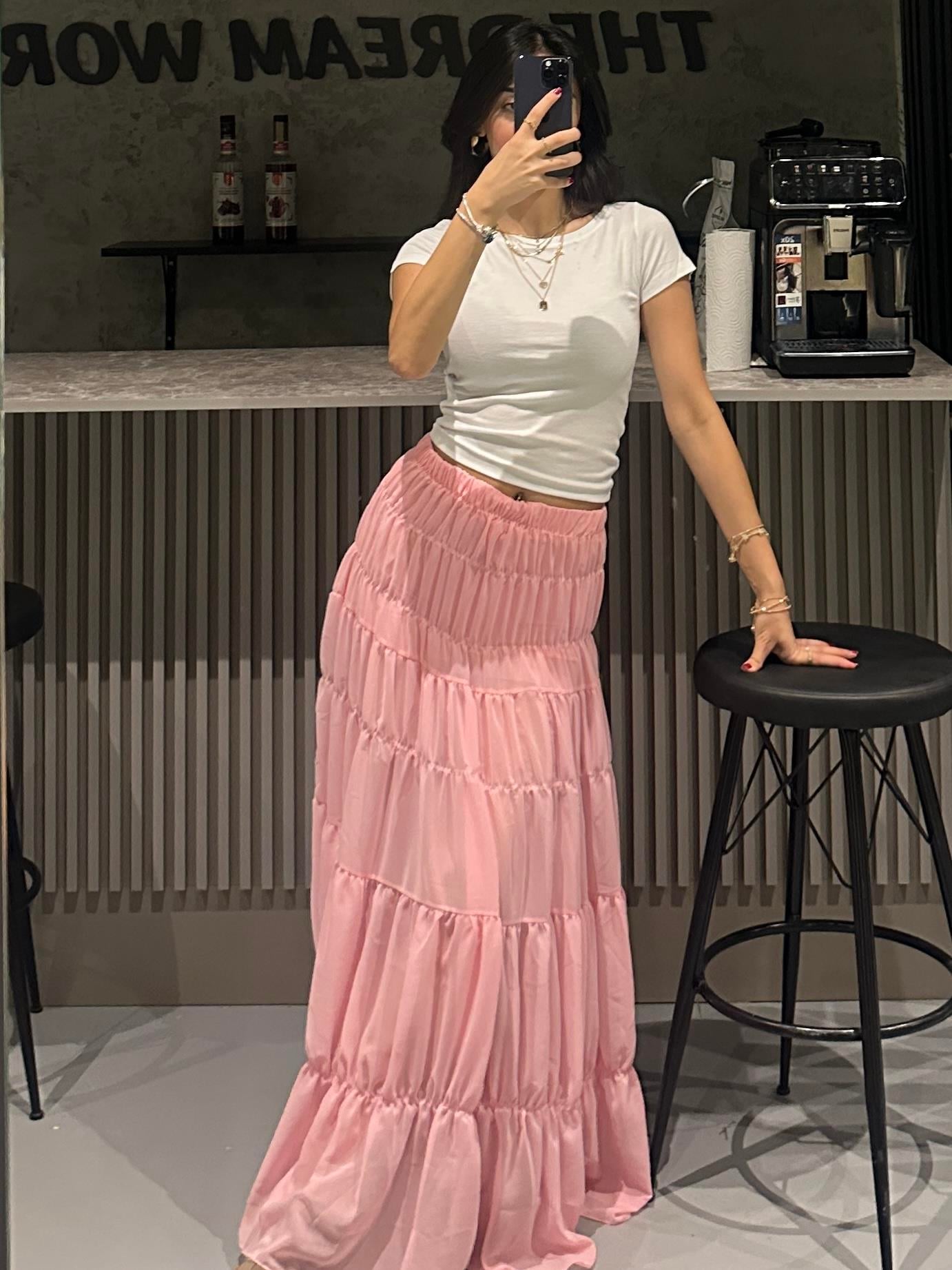 ŞİFON İÇ ŞORT ASTARLI MAXİ BOY PEMBE ETEK