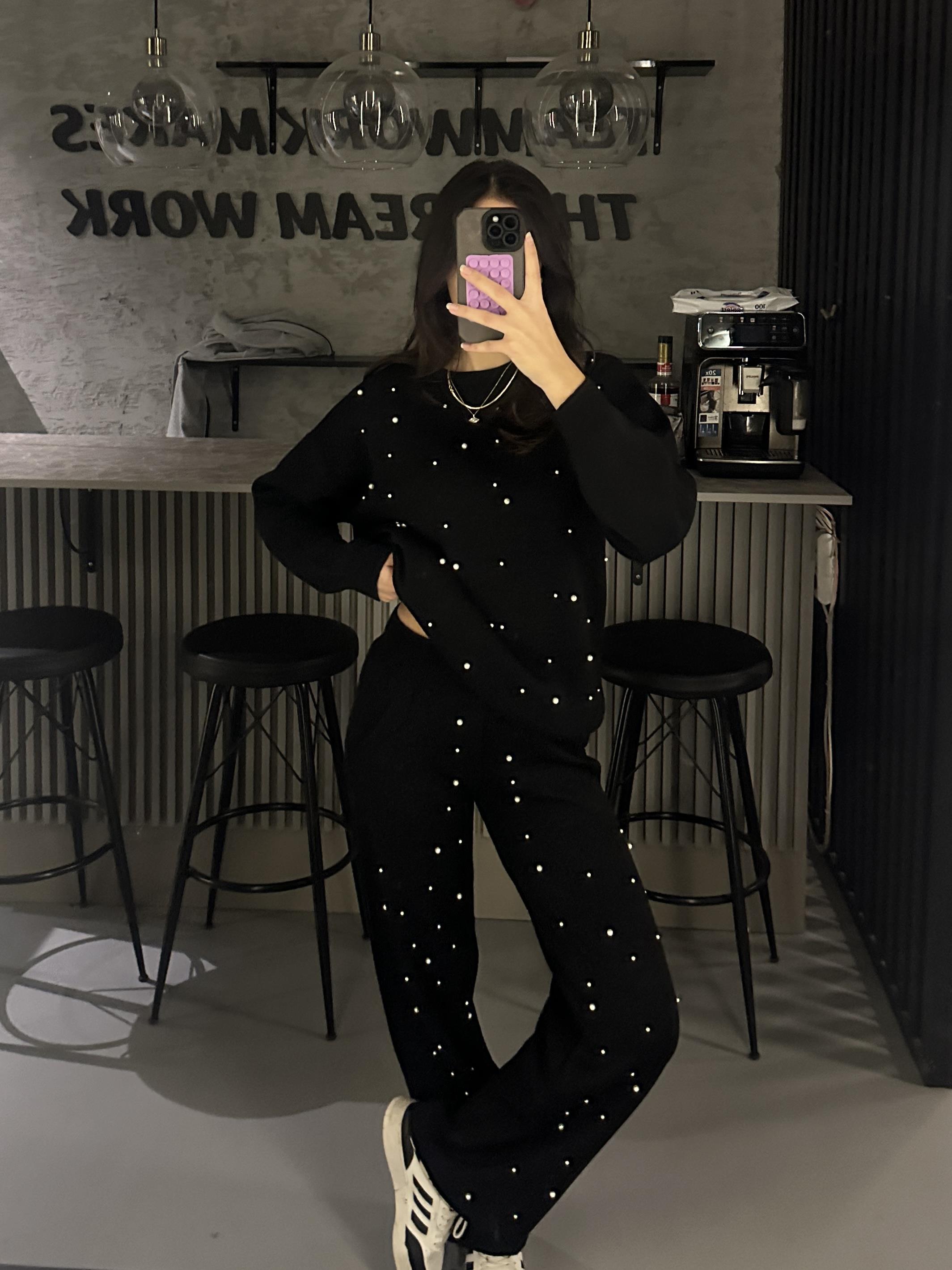 SİYAH İNCİLİ TRİKO PANTOLON  TAKIM