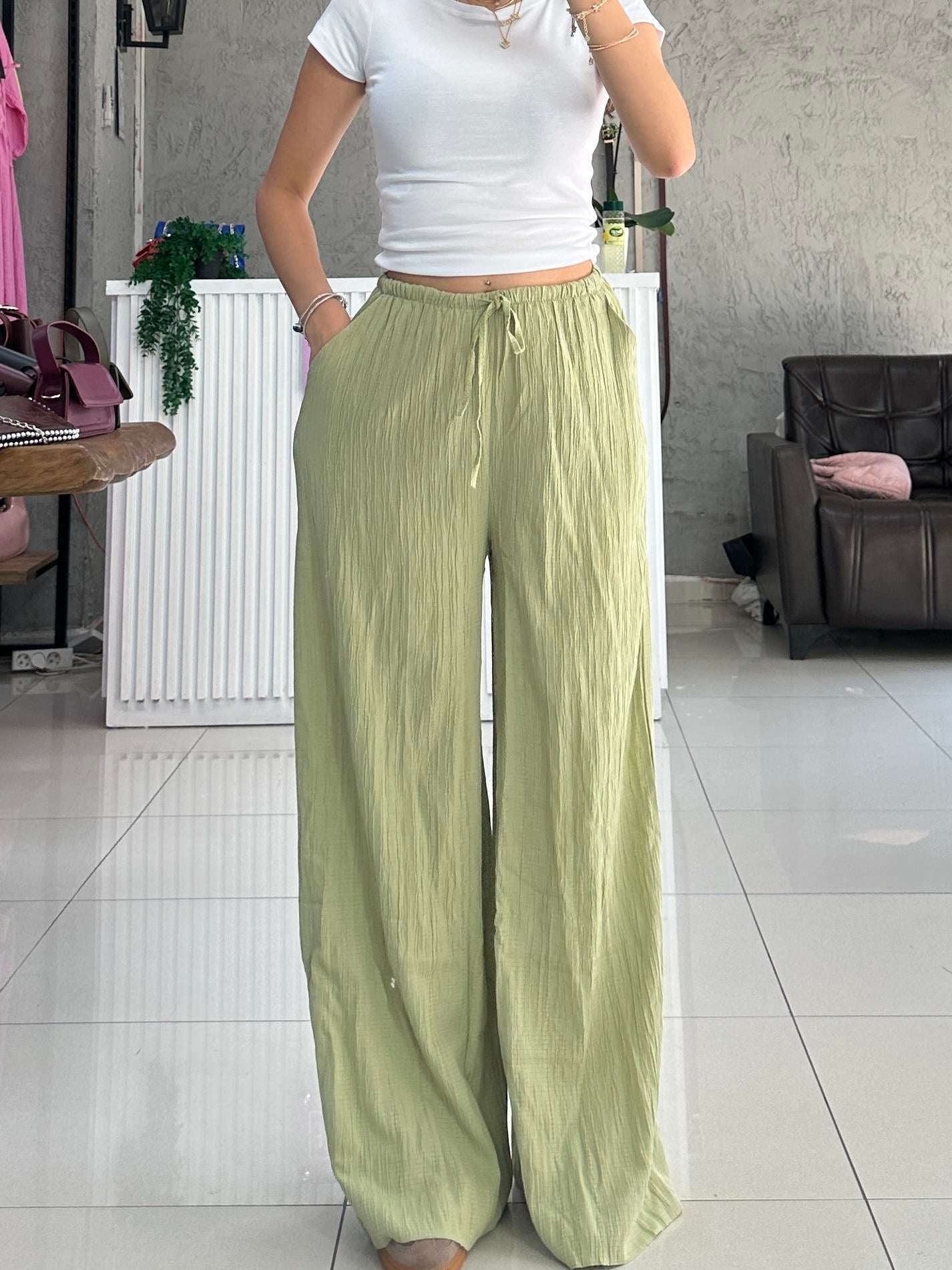 YEŞİL GOFRE KUMAŞ PANTOLON