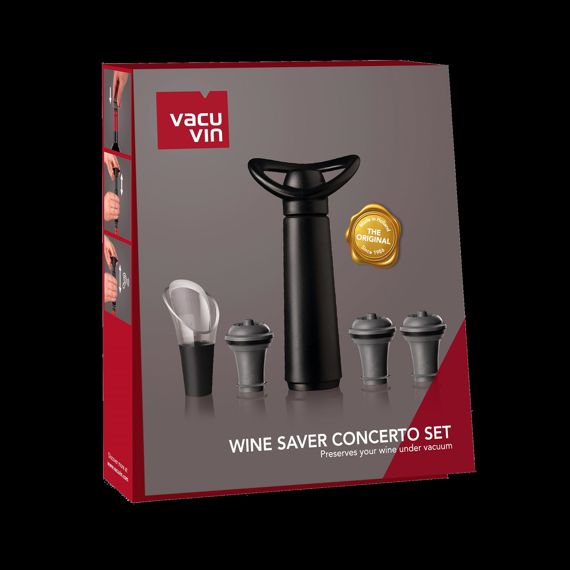 Vacu Vin Şarap Vakum Seti, Concerto Siyah (1 Pompa, 3 Tıpa, 1 Servis Aparatı), Kutulu