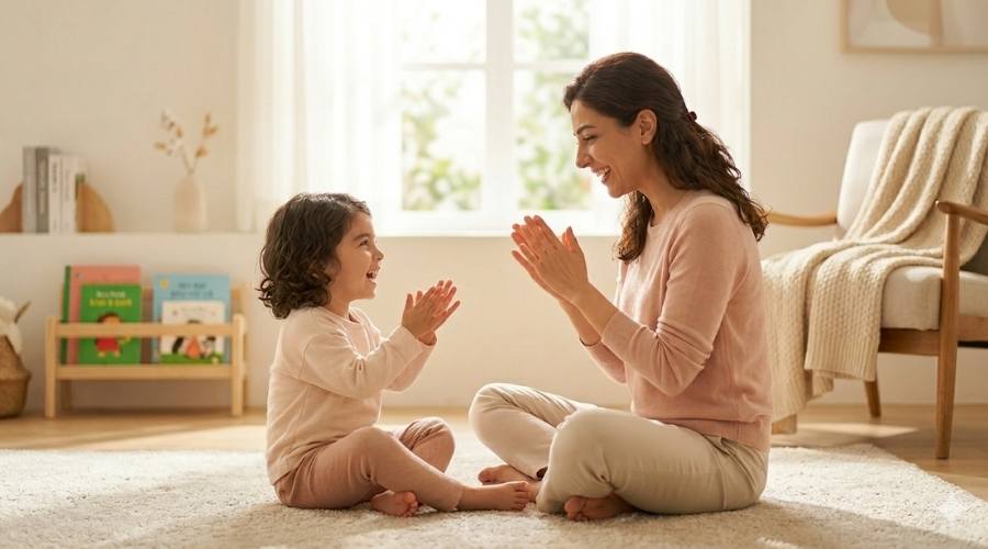 Güneşli ve huzurlu bir odada Beige renkli yumuşak bir halının üzerinde karşı karşıya oturmuş bir kadın ve küçük bir kız çocuğu var İkisi de neşeyle ellerini çırpıyor ve birbirlerine gülümseyerek kısa tekerlemeler söylüyor.
