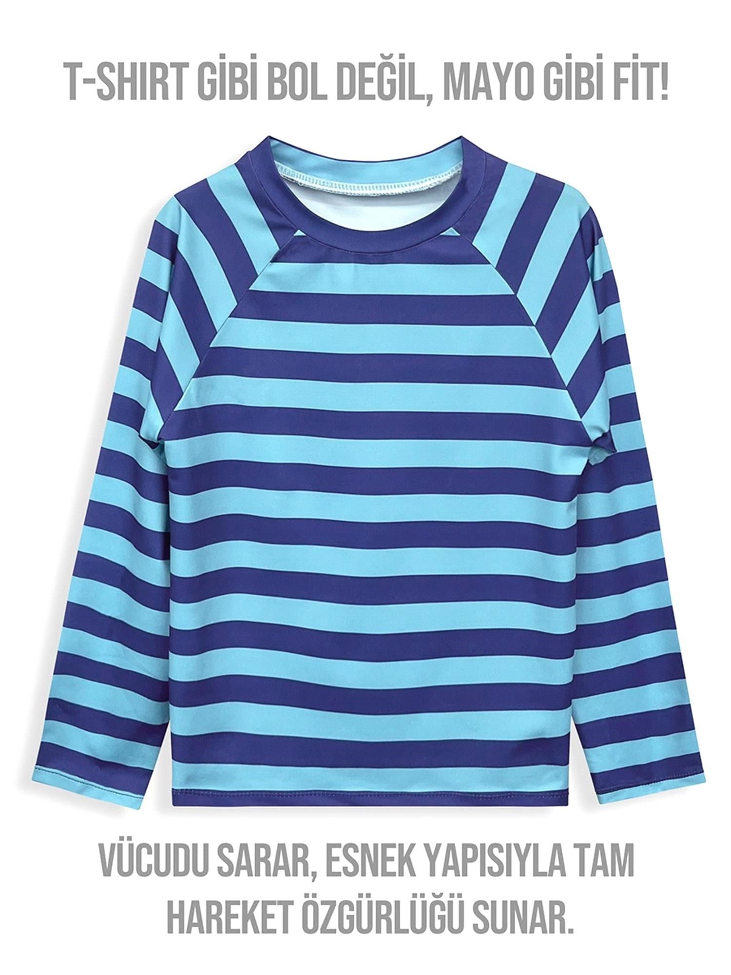 Denokids Erkek Çocuk UV Korumalı Çizgili Mayo Tişört Mavi CFF-25Y1-171