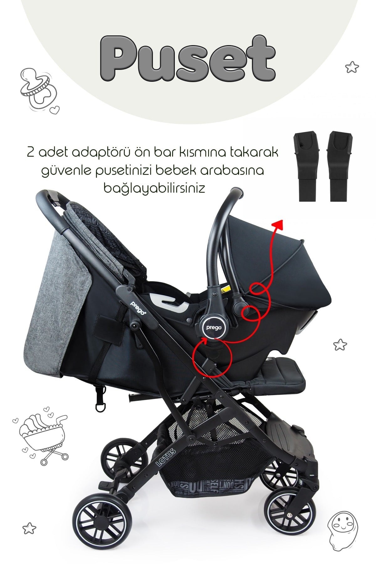 Prego Lotus Katlanabilir Kabin Boy Travel Bebek Arabası Füme 2033