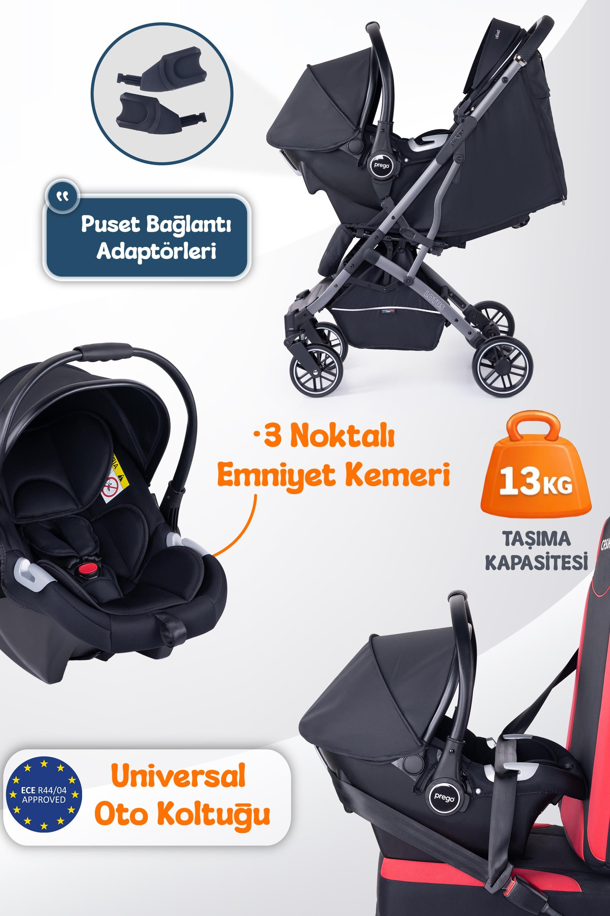 Prego Lotus Pro Kabin Boy Travel Bebek Arabası -Tek Elle Katlanır-Hafif -UV Tenteli -Yağmurluk-Örtü-Kılıf Siyah