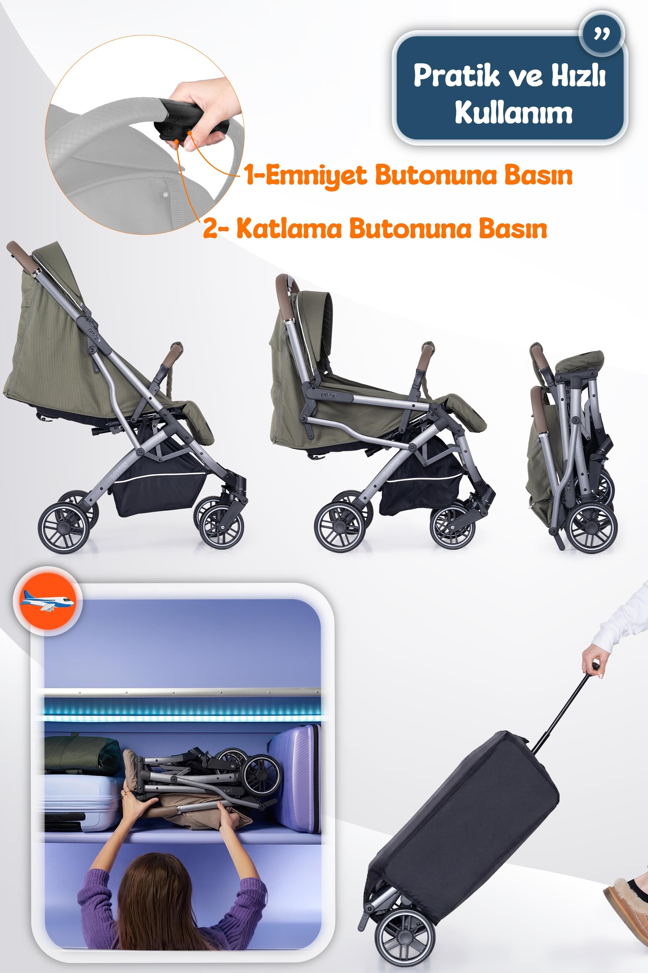 Prego Lotus Pro Kabin Boy Travel Bebek Arabası -Tek Elle Katlanır-Hafif -UV Tenteli -Yağmurluk-Örtü-Kılıf Haki