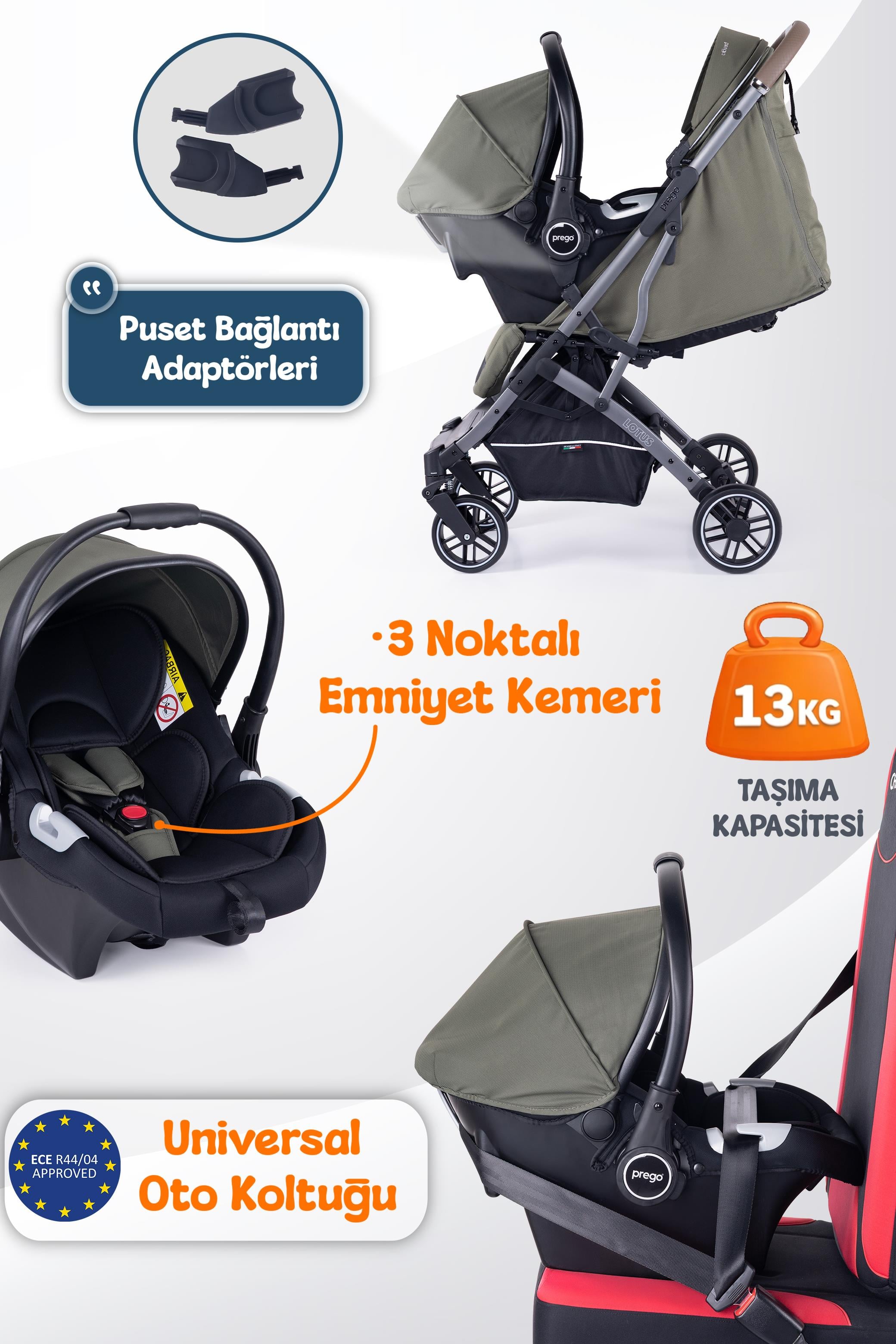 Prego Lotus Pro Kabin Boy Travel Bebek Arabası -Tek Elle Katlanır-Hafif -UV Tenteli -Yağmurluk-Örtü-Kılıf Haki