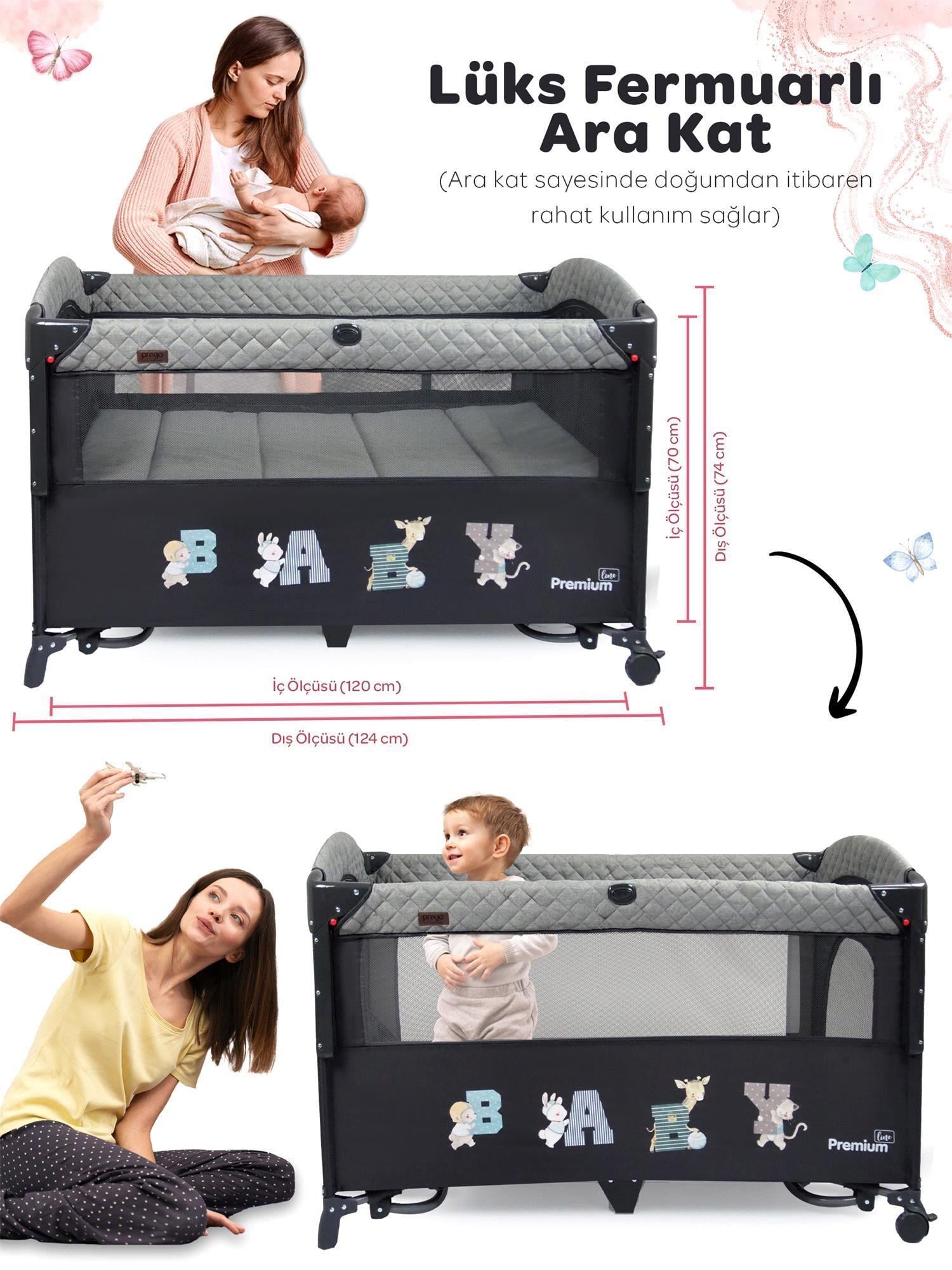 Prego Premium Anne Yanı Oyun Parkı 70*120 Cm Gri + Yatak Hediyeli