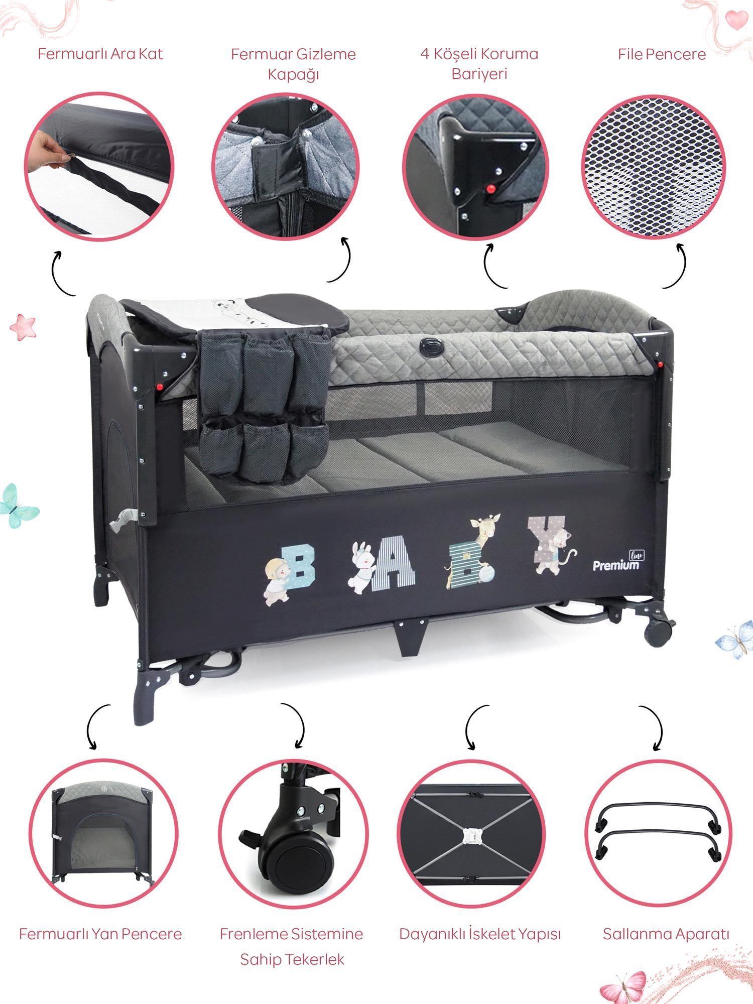 Prego Premium Anne Yanı Oyun Parkı 70*120 Cm Gri + Yatak Hediyeli