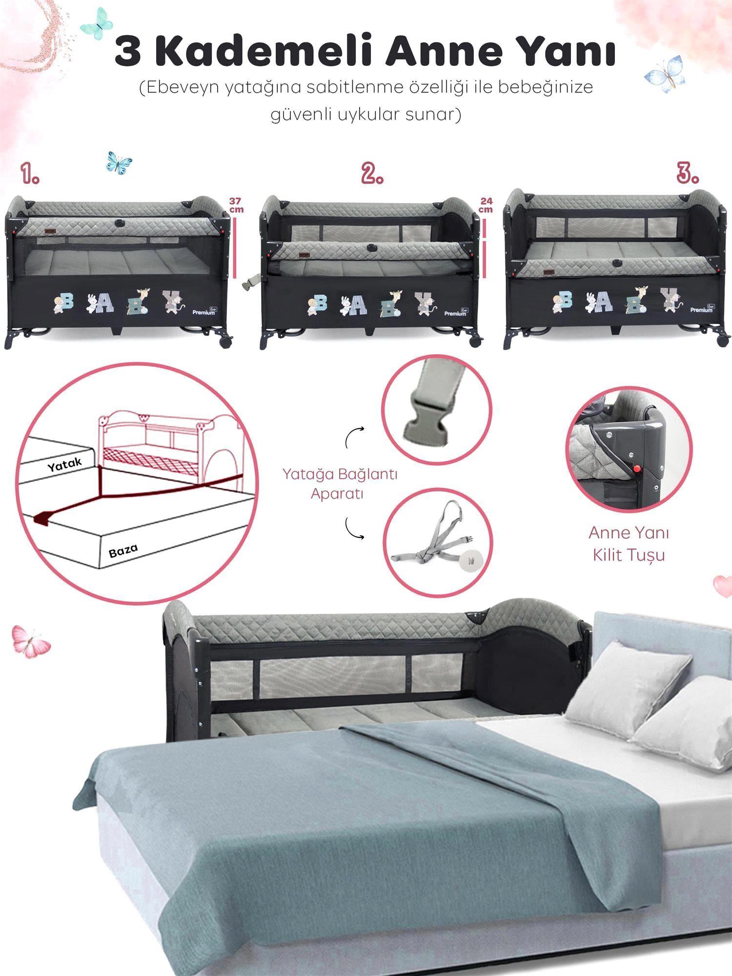 Prego Premium Line Alt Açma Üniteli GRİ Anne Yanı Oyun Parkı 70*120 Gri 8049