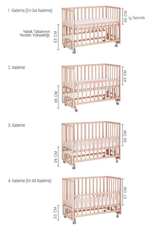 Baby Tech Extra Naturel Ahşap Tekerlekli Anne Yanı Beşik Yataklı (Krem Uyku Seti)