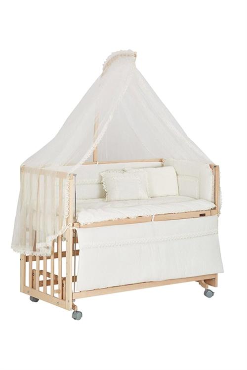 Baby Tech Extra Naturel Ahşap Tekerlekli Anne Yanı Beşik Yataklı (Krem Uyku Seti)