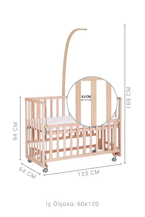 Baby Tech Extra Naturel Ahşap Tekerlekli Anne Yanı Beşik Yataklı (Krem Uyku Seti)