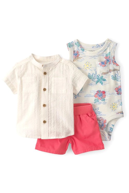 Carters Erkek Bebek 3lü Gömlek Şort Takım Krem 1U638410