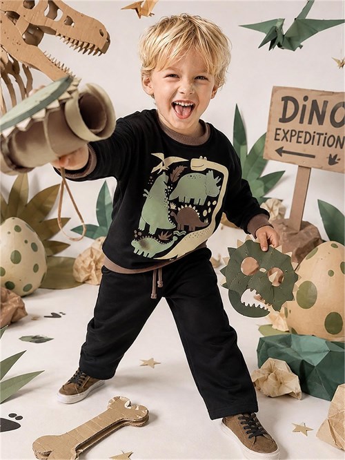 Denokids Erkek Çocuk Dinozorlu Eşofman Takımı Siyah CFF-26S1-023