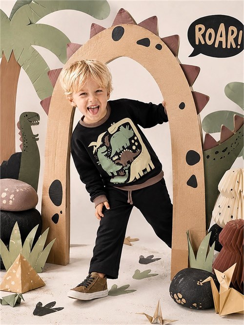 Denokids Erkek Çocuk Dinozorlu Eşofman Takımı Siyah CFF-26S1-023