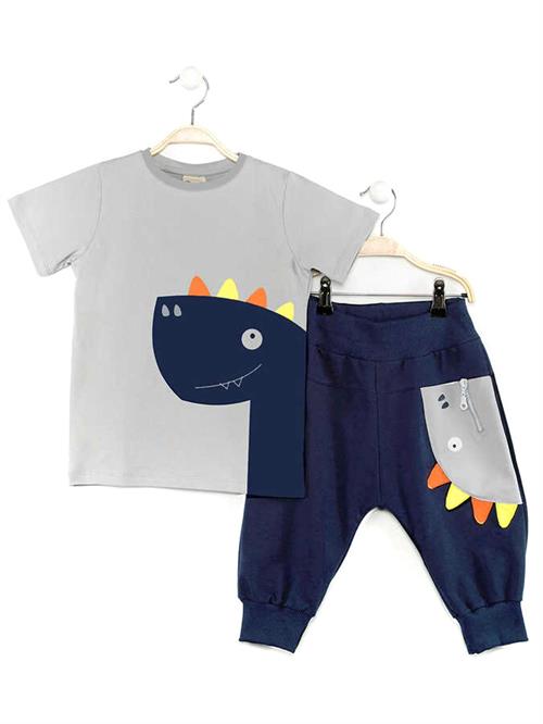 Denokids Erkek Çocuk Fermuar Dino T-shirt Kapri Şort Takım CFF-19Y1-197