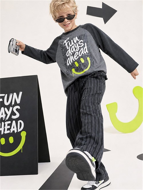 Denokids Erkek Çocuk Fun Days Çizgili Pantolon Üst Takım Antrasit CFF-26S1-021