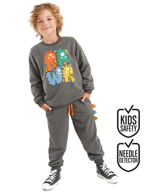 Denokids Erkek Çocuk Rawr Tırtırlı Eşofman Altı Takım Gri CFF-23S1-061