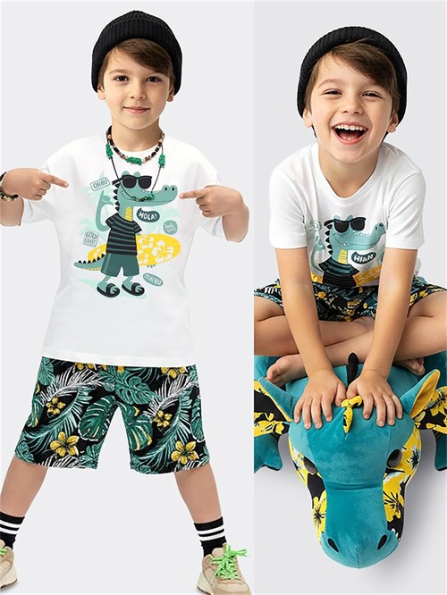 Denokids Erkek Çocuk Tropik Tişört Şort Takım CFF-26Y1-101