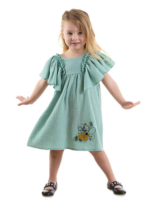 Denokids Kız Bebek Çocuk Çiçekli Müslin Elbise Yeşil CFF-24Y1-057