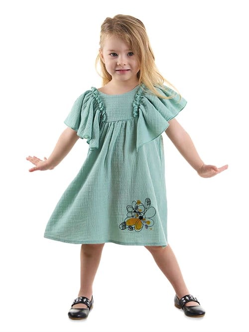 Denokids Kız Bebek Çocuk Çiçekli Müslin Elbise Yeşil CFF-24Y1-057