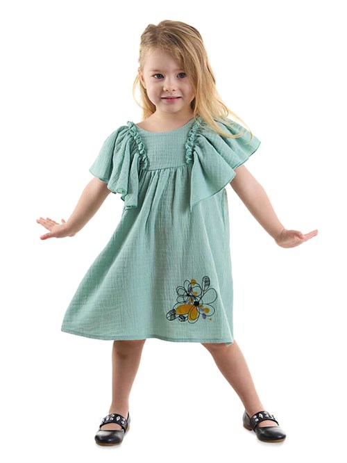 Denokids Kız Bebek Çocuk Çiçekli Müslin Elbise Yeşil CFF-24Y1-057