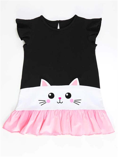 Denokids Kız Çocuk Beyaz Kedi Fırfırlı Elbise Lacivert CFF-21Y2-045