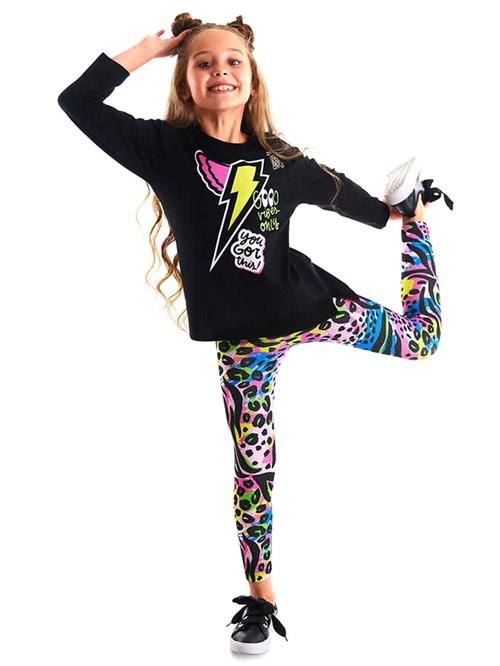 Denokids Kız Çocuk Kanatlı Şimşek Leopar Takım Siyah MS-21K1-050