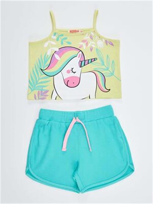 Denokids Kız çocuk Ormanda Unicorn Tshırt Şort Takım Cff-23Y1-043